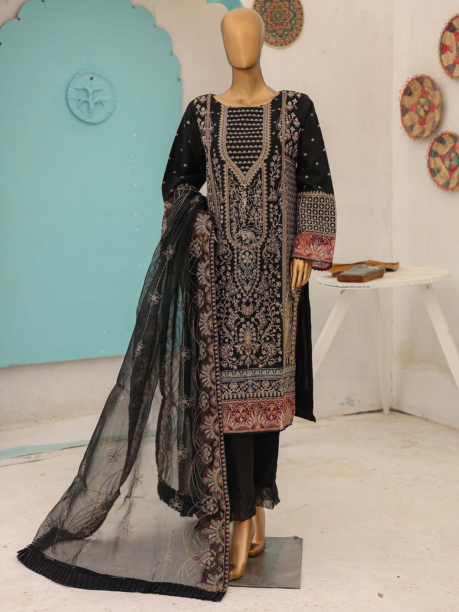 Bin Saeed Luxury Embroidered Organza Suit - Black