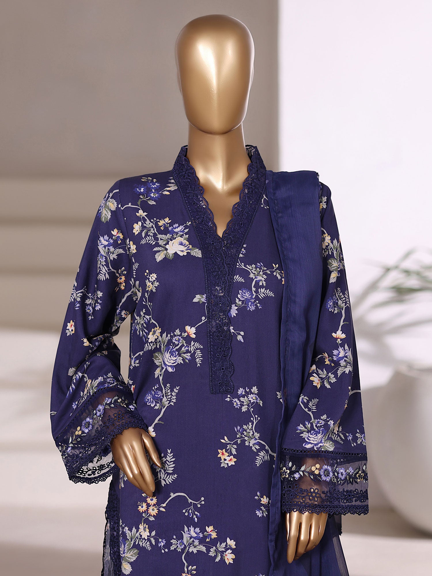 Sadabahar "Malika" Embroidered Viscose 3-Piece Suit - Navy Blue