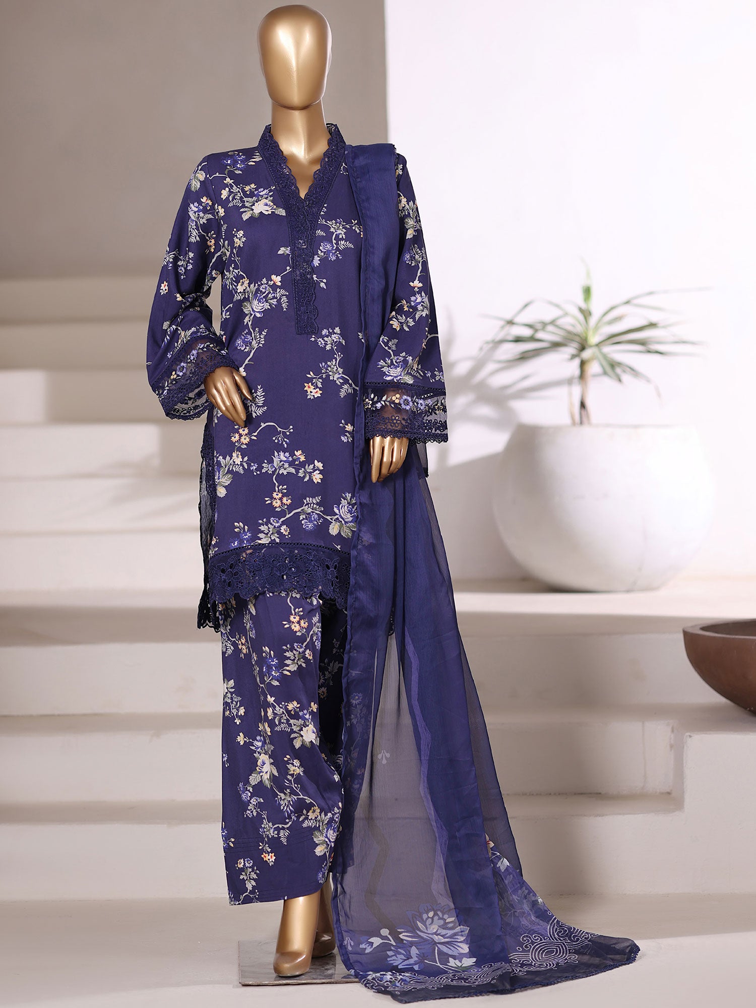 Sadabahar "Malika" Embroidered Viscose 3-Piece Suit - Navy Blue