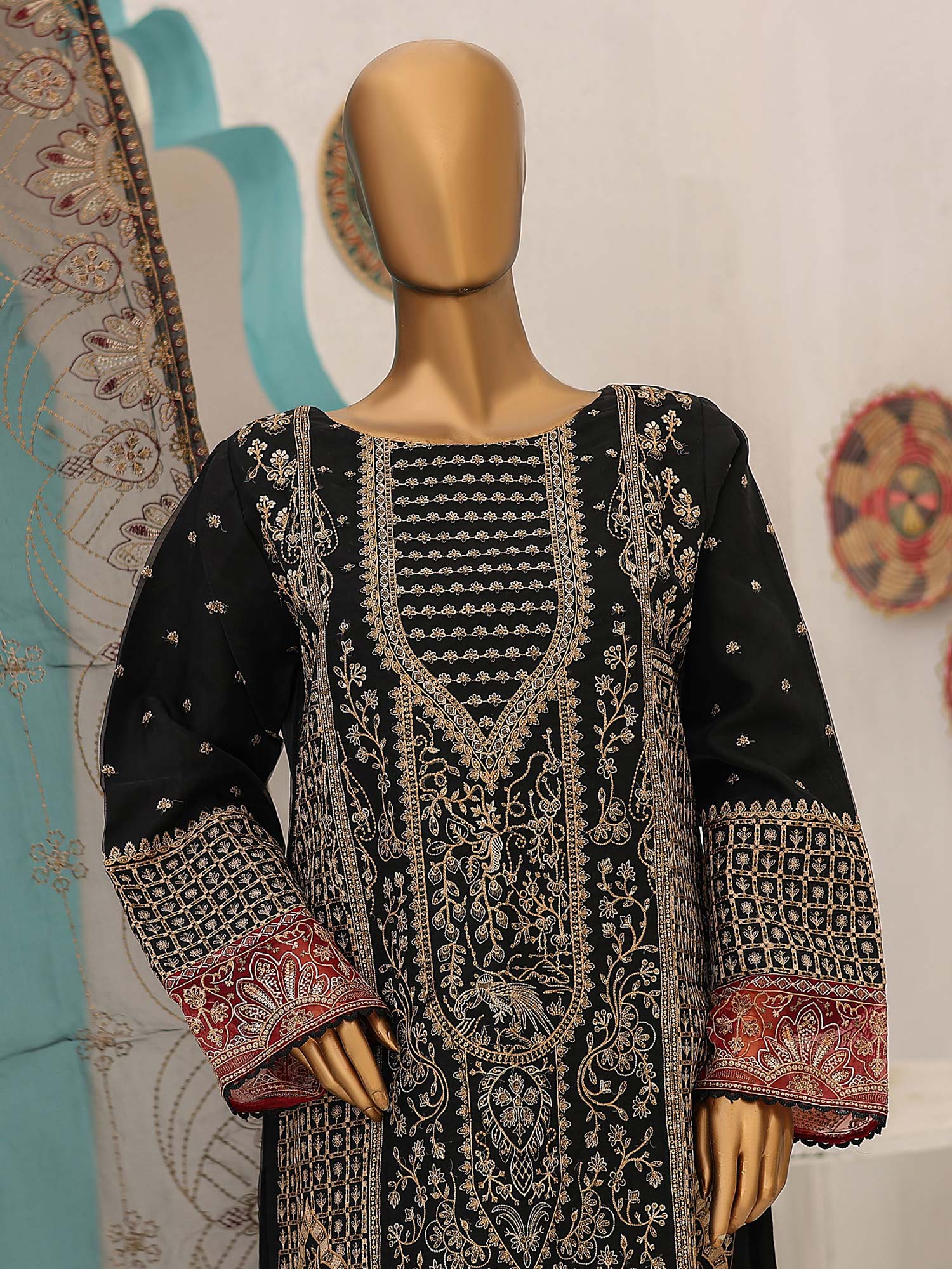 Bin Saeed Luxury Embroidered Organza Suit - Black