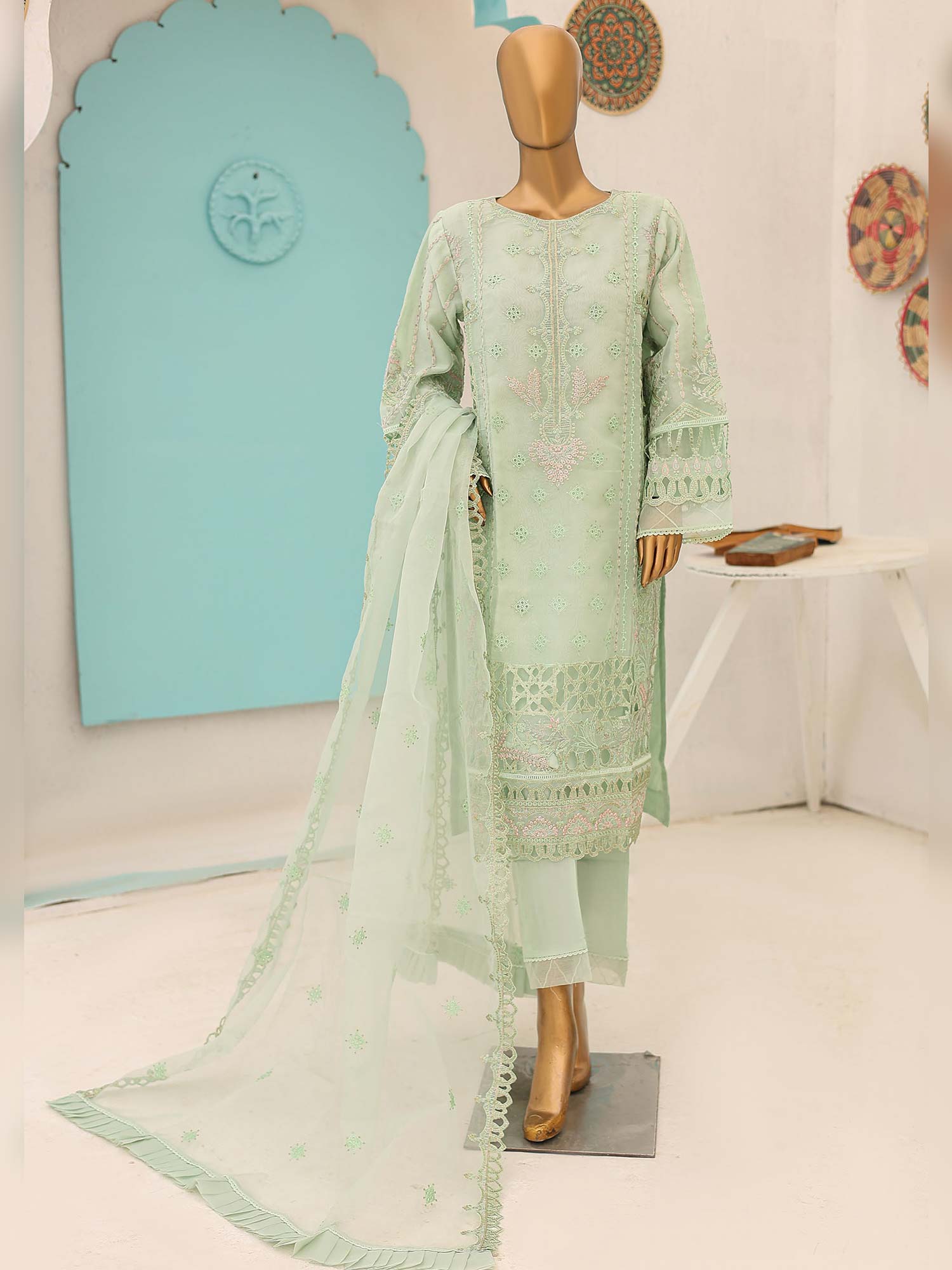 Bin Saeed Luxury Embroidered Organza Suit - Mint Green