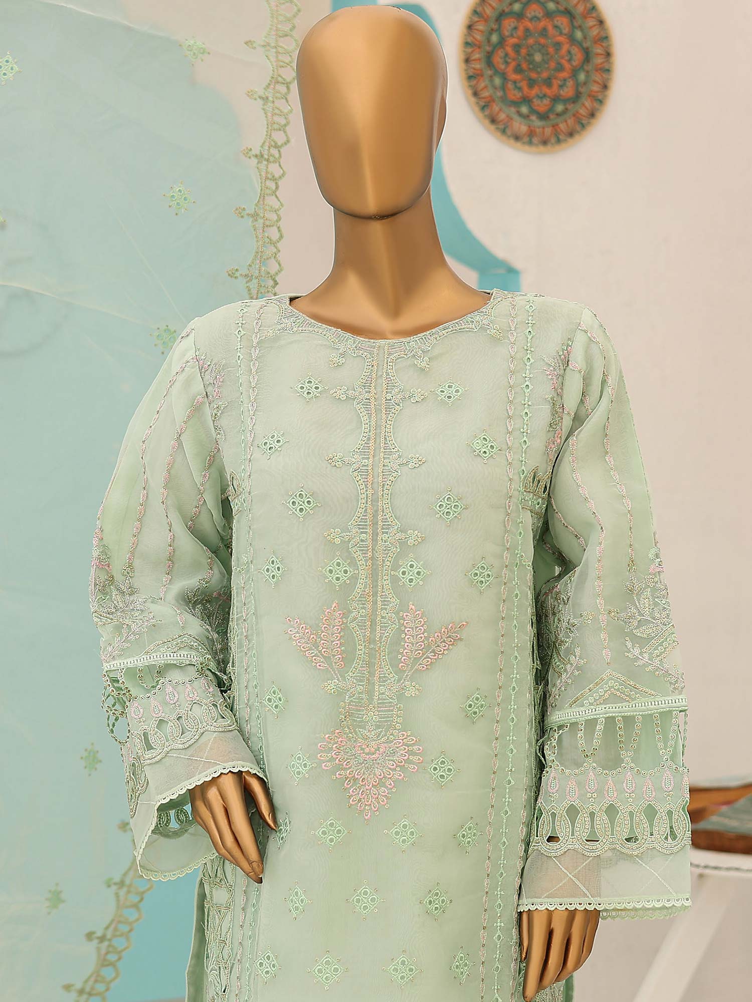 Bin Saeed Luxury Embroidered Organza Suit - Mint Green