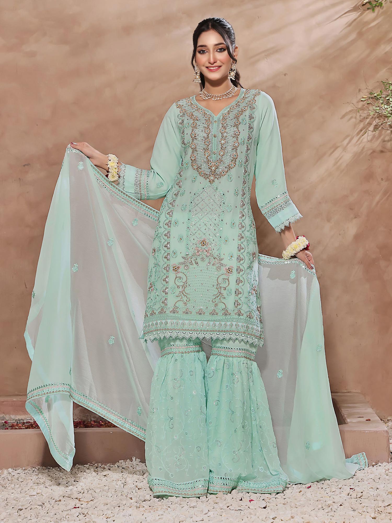 Wardah Uzair Luxury Pret Embroidered Chiffon Gharara Suit - Mint