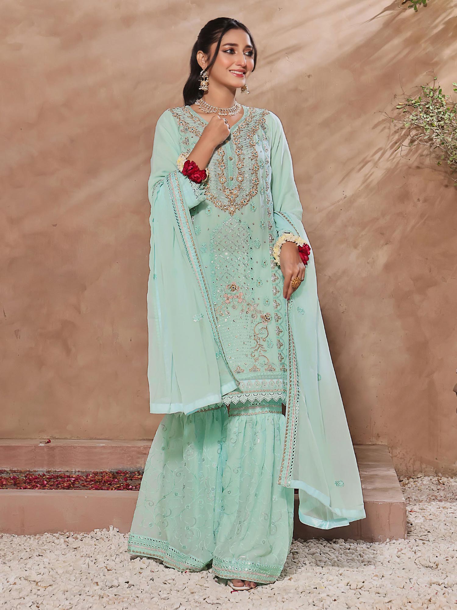 Wardah Uzair Luxury Pret Embroidered Chiffon Gharara Suit - Mint