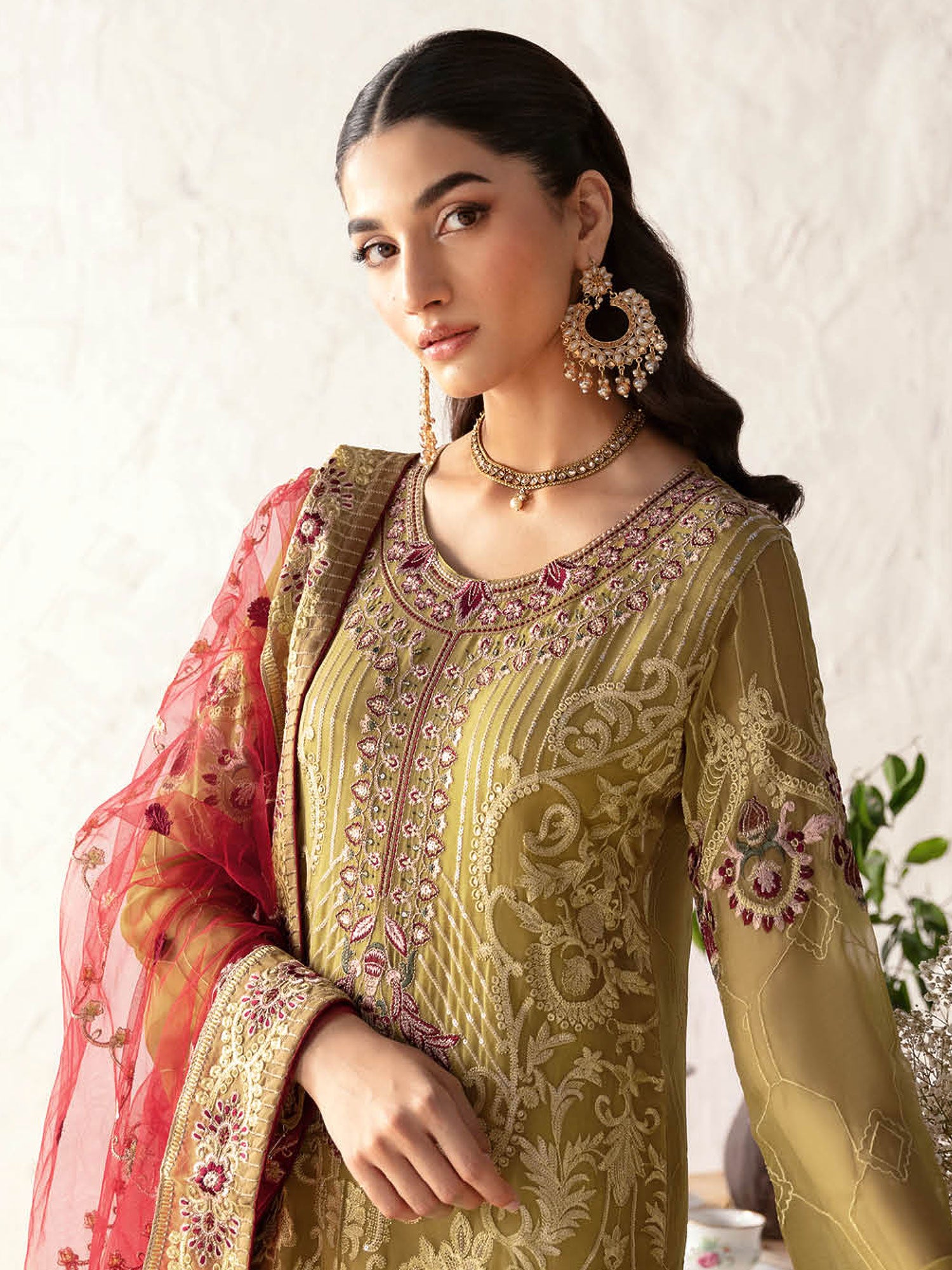Ramsha "Rangoon" Luxury Chiffon 3-Piece Suit - Mehndi (D1203)