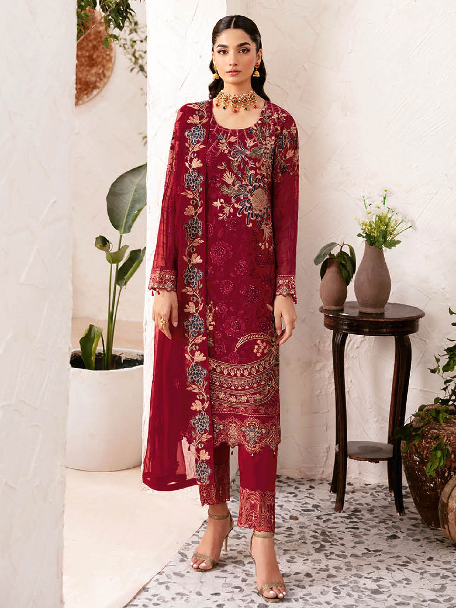 Ramsha "Rangoon" Luxury Chiffon 3-Piece Suit - Red (D1205)