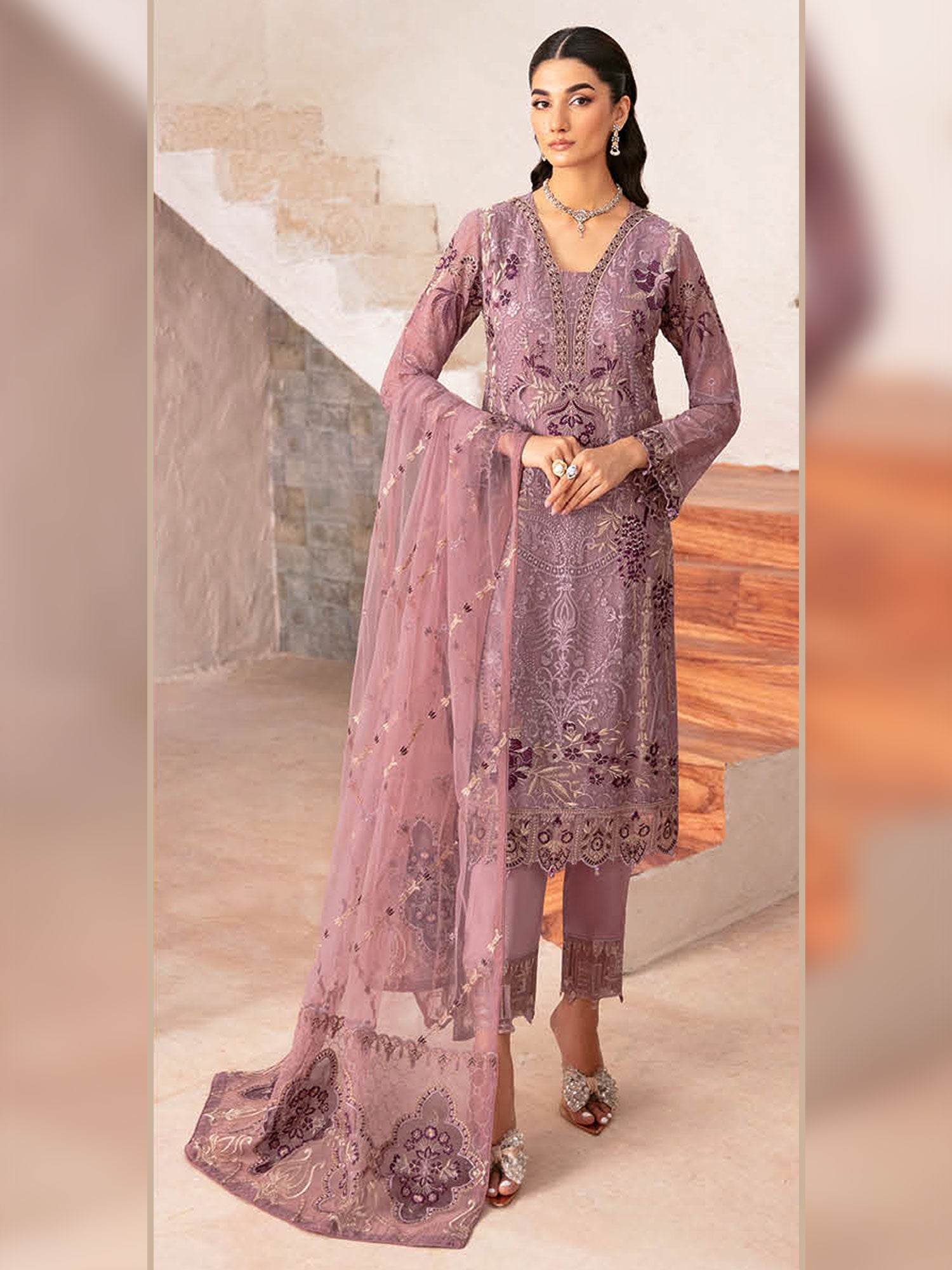 Ramsha "Rangoon" Luxury Chiffon 3-Piece Suit - Dusky Pink (D1208)