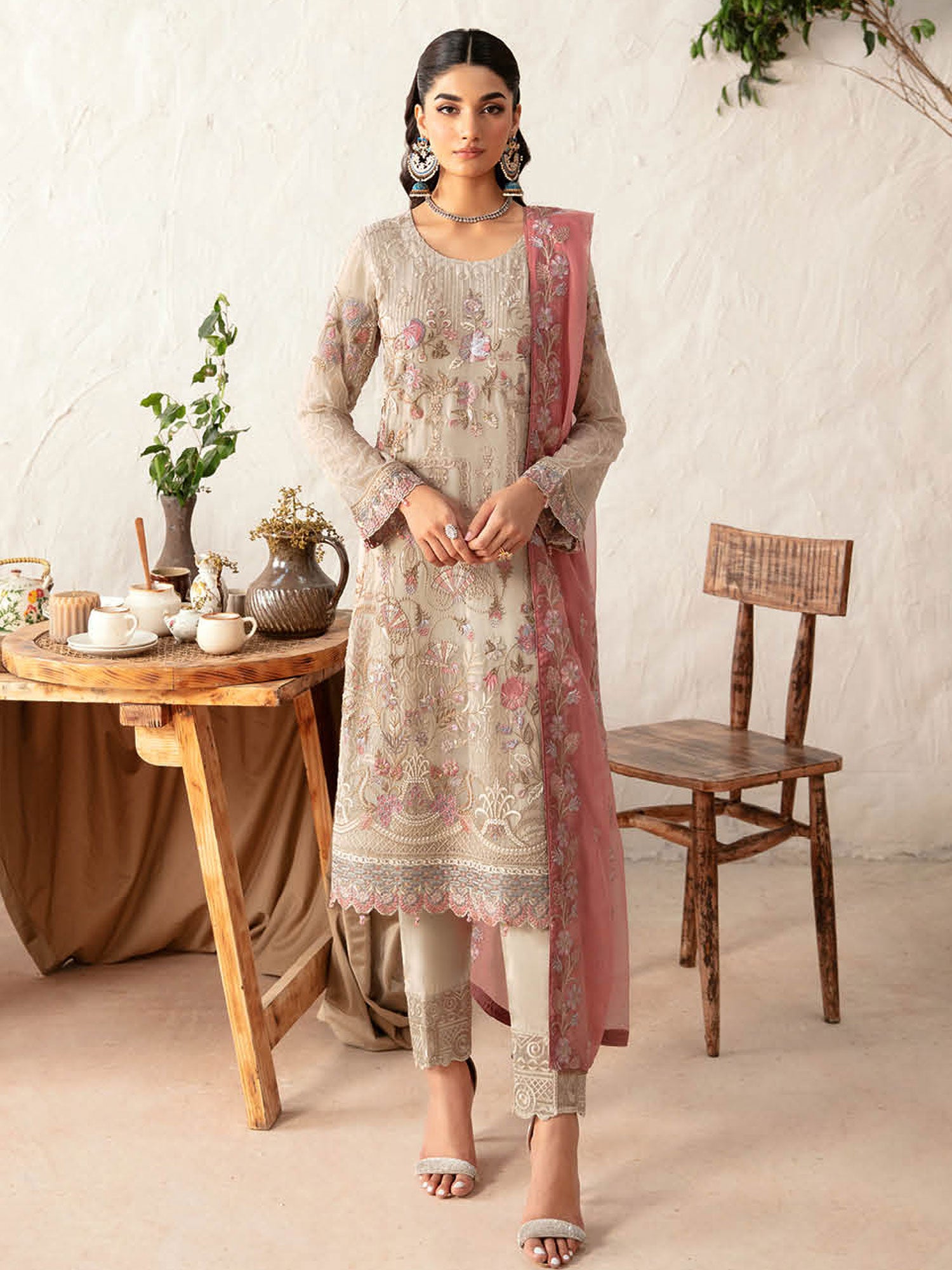 Ramsha "Rangoon" Luxury Chiffon 3-Piece Suit - Skin (D1212)