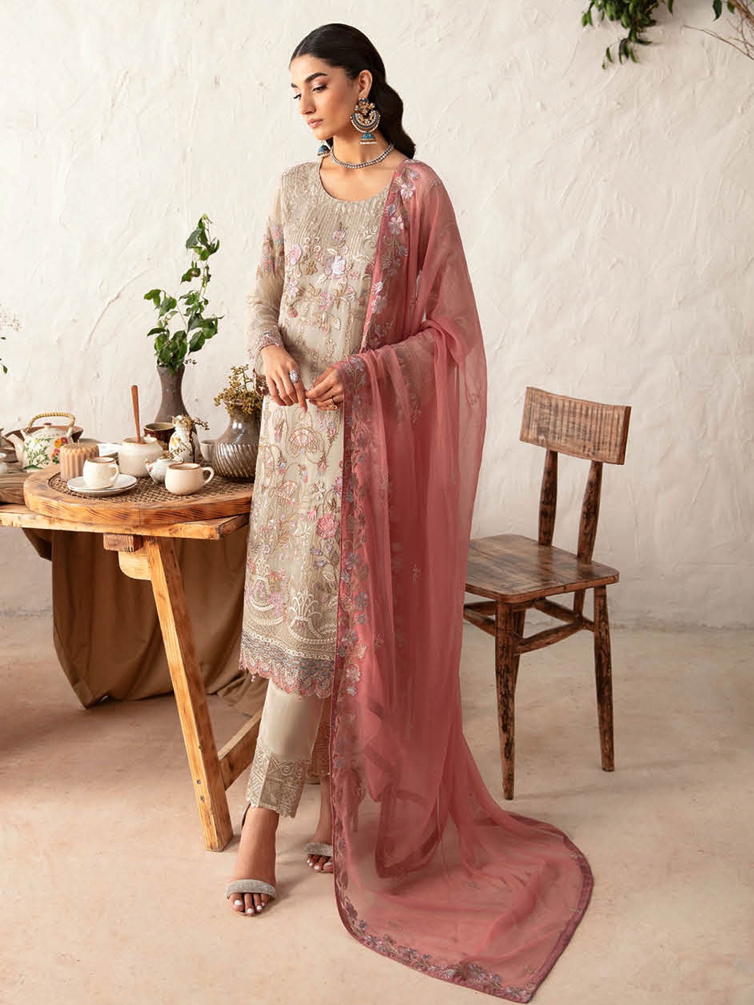 Ramsha "Rangoon" Luxury Chiffon 3-Piece Suit - Skin (D1212)