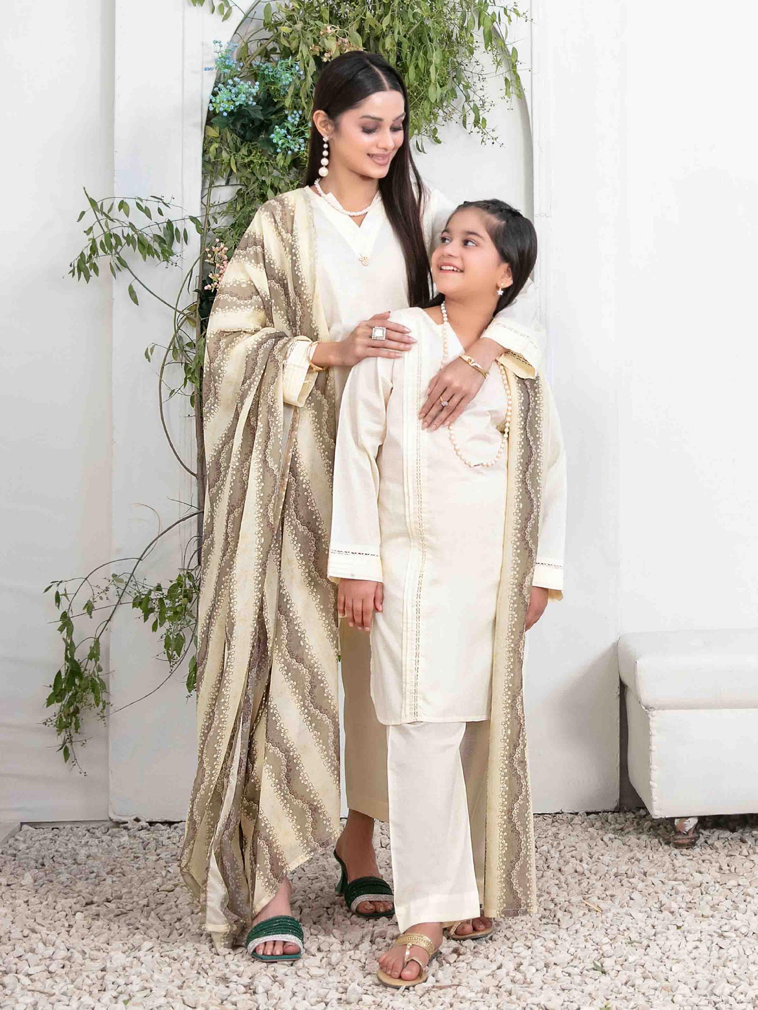 Tawakkal "Mahperi" Mother-Daughter Lawn Jacquard Suit (D1521) - Cream