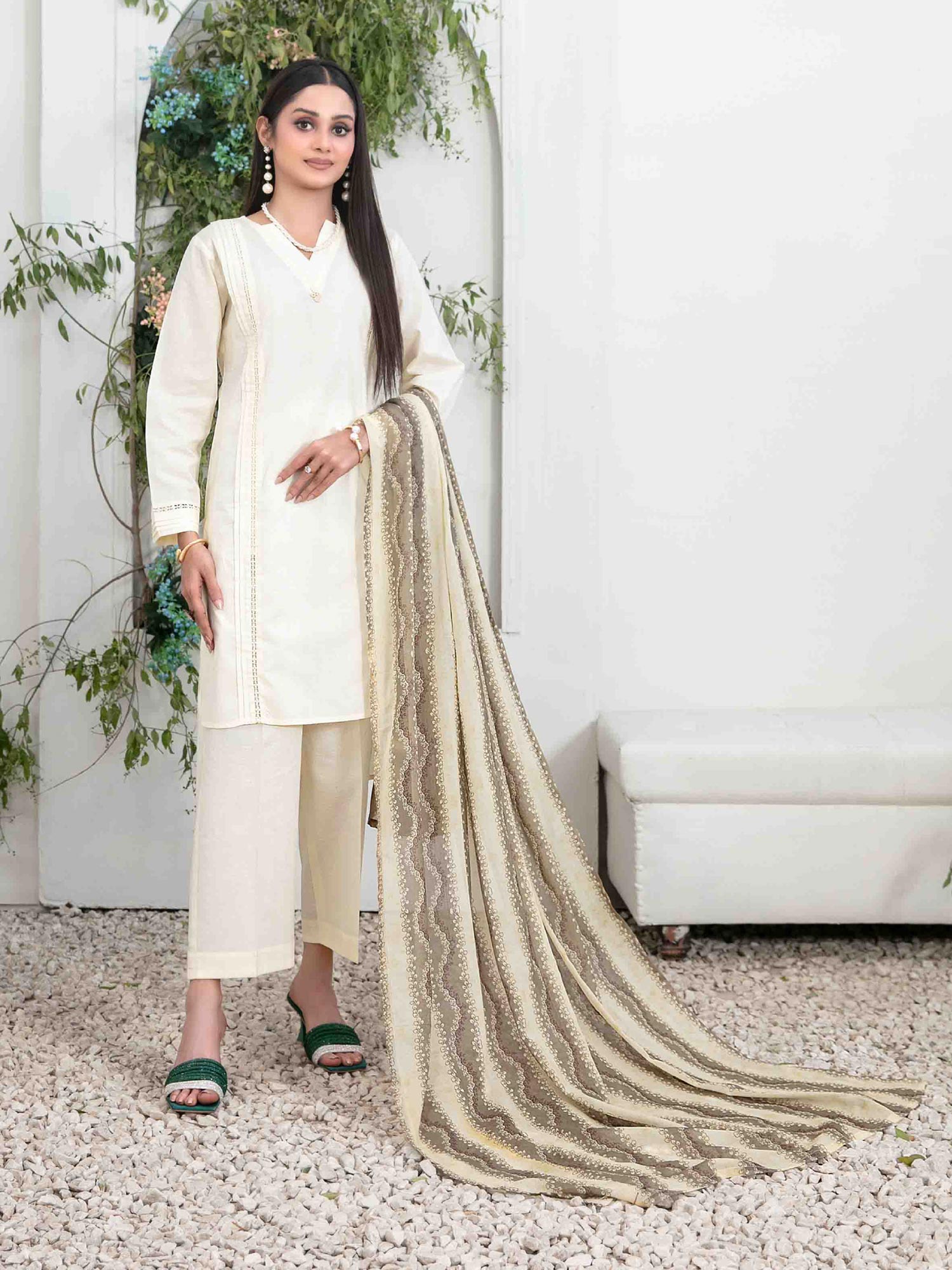 Tawakkal "Mahperi" Mother-Daughter Lawn Jacquard Suit (D1521) - Cream