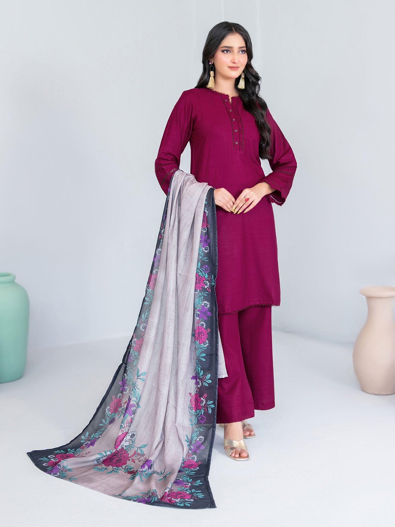 Tawakkal "Asmera" Solid Staple Linen Suit with Shawl (D5733) - Burgandy
