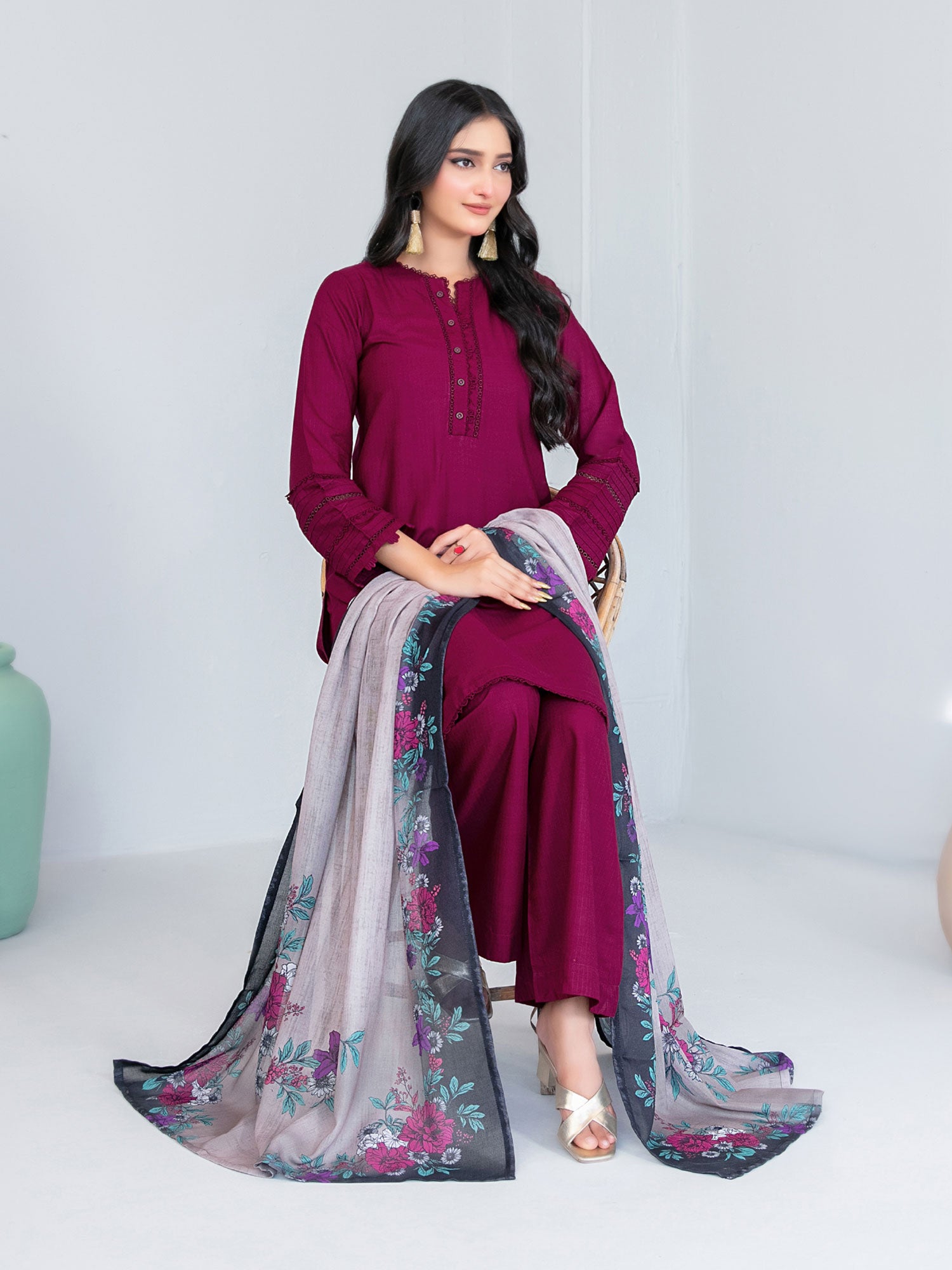 Tawakkal "Asmera" Solid Staple Linen Suit with Shawl (D5733) - Burgandy