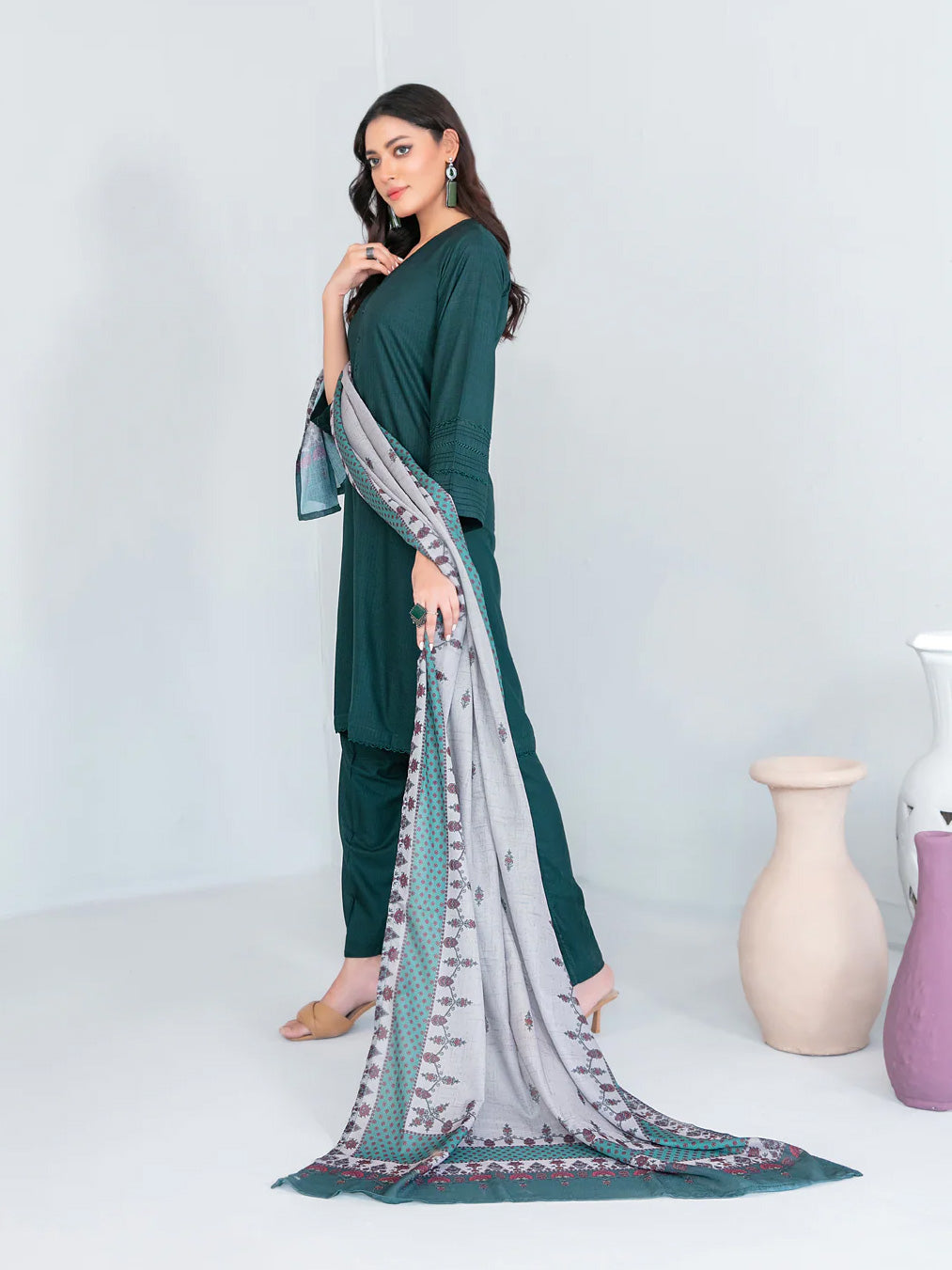 Tawakkal "Asmera" Solid Staple Linen Suit with Shawl (D5734) - Teal