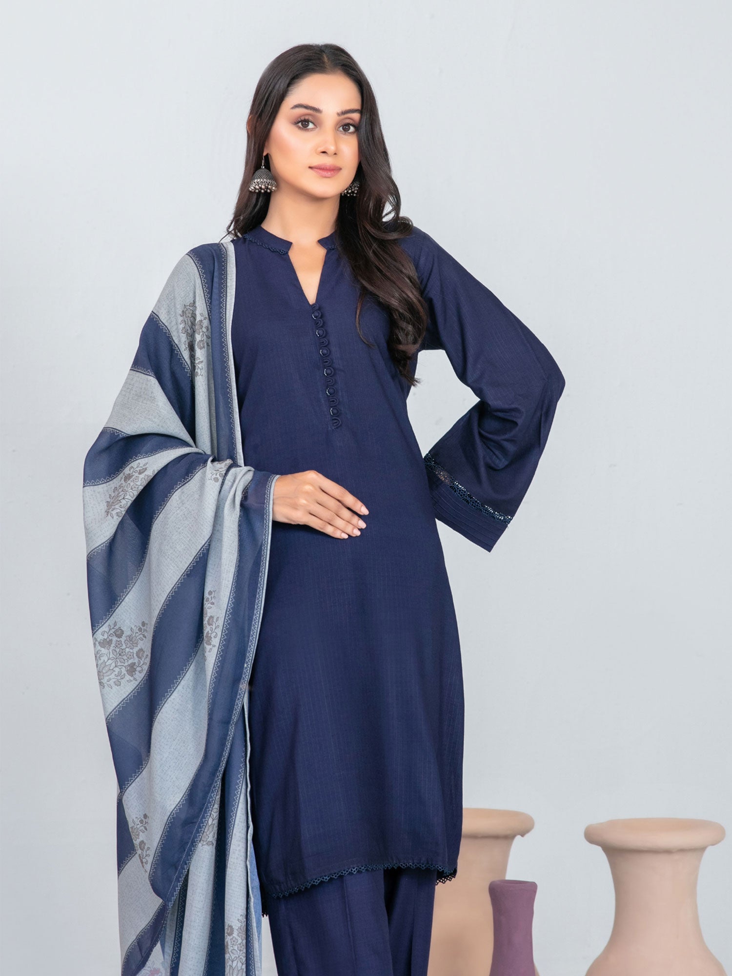 Tawakkal "Asmera" Solid Staple Linen Suit with Shawl (D5735) - Navy