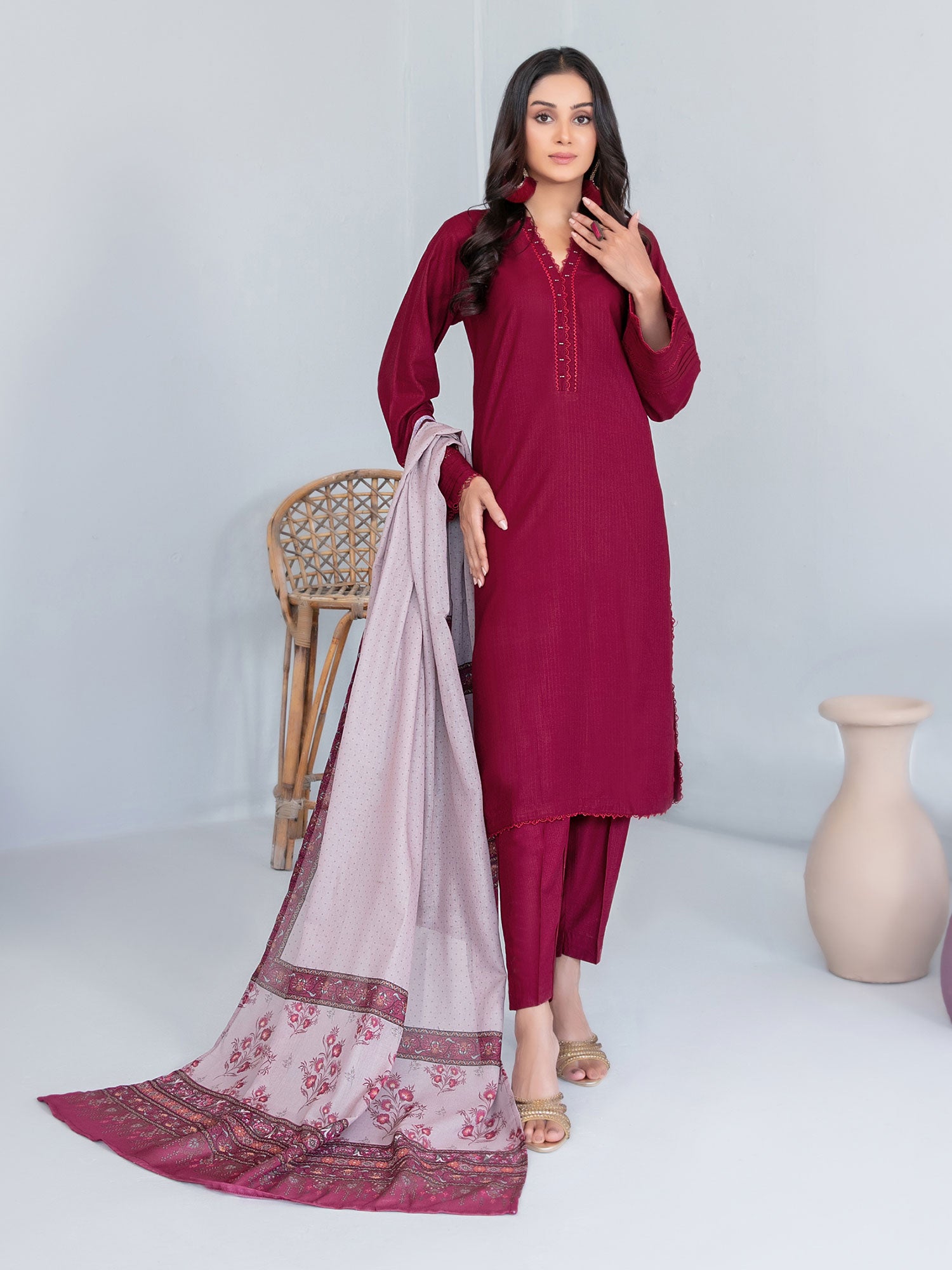 Tawakkal "Asmera" Solid Staple Linen Suit with Shawl (D5737) - Dark Pink