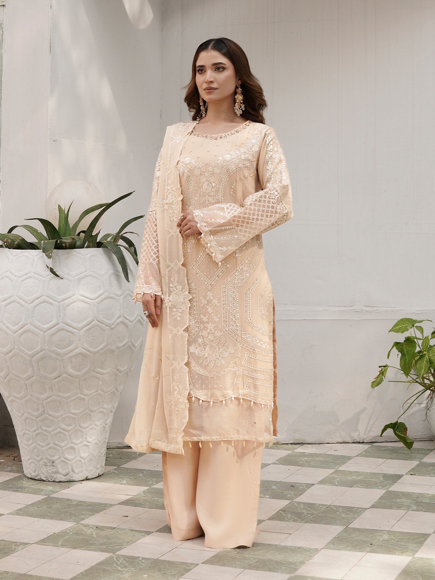 Gracious Cream Luxury Embroidered Chiffon Suit