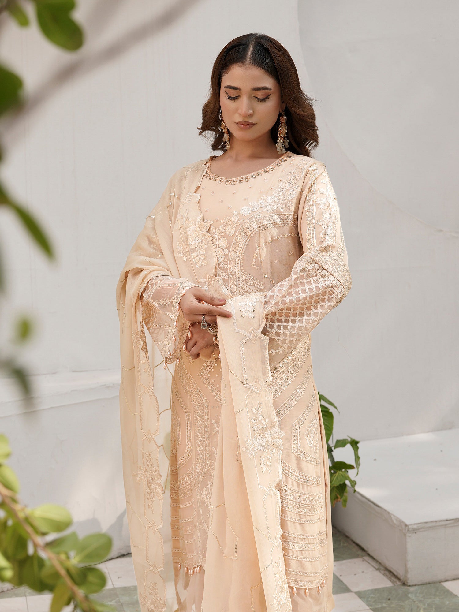 Gracious Cream Luxury Embroidered Chiffon Suit