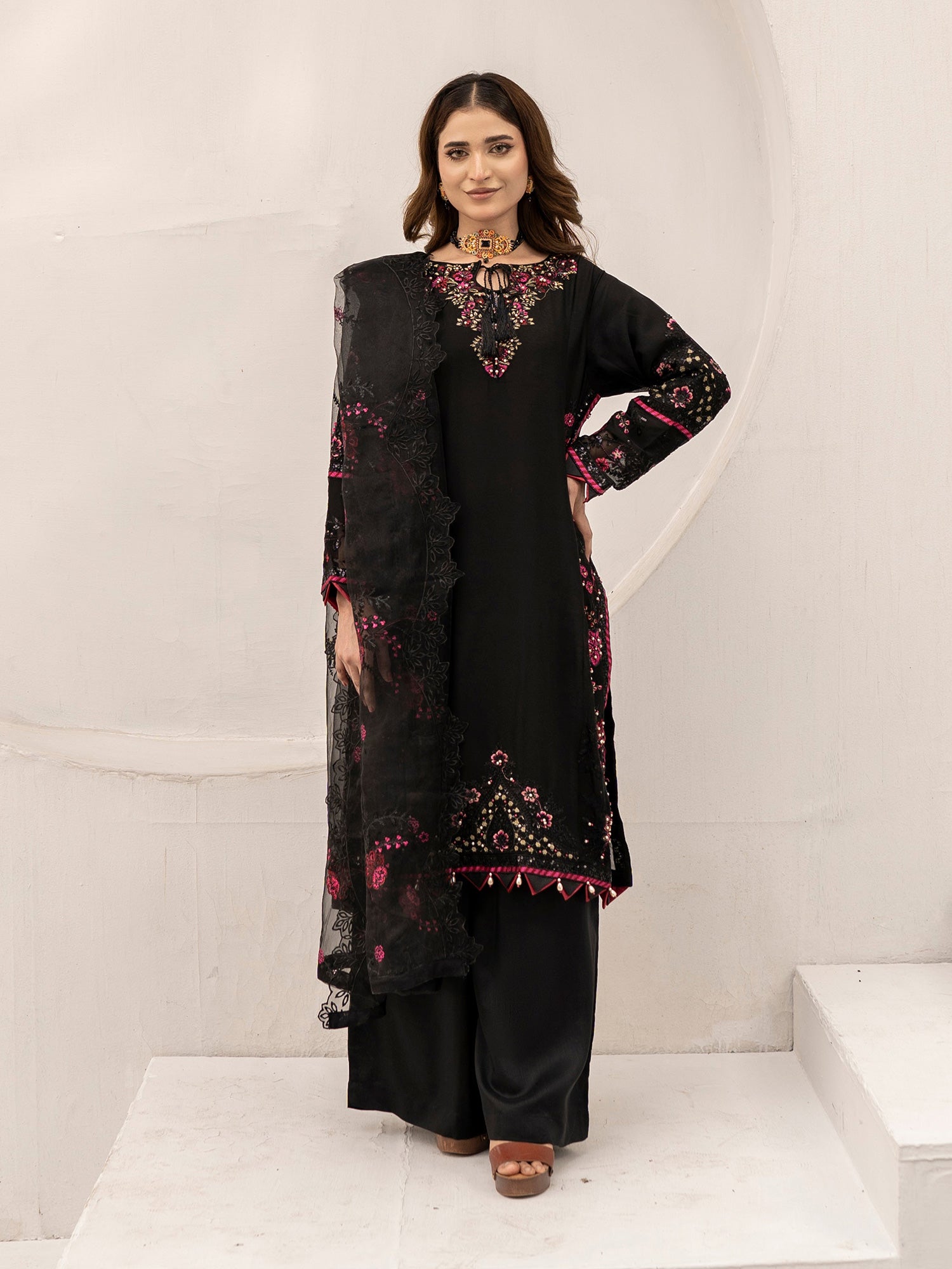 Black Embroidered Chiffon 3-Piece Suit