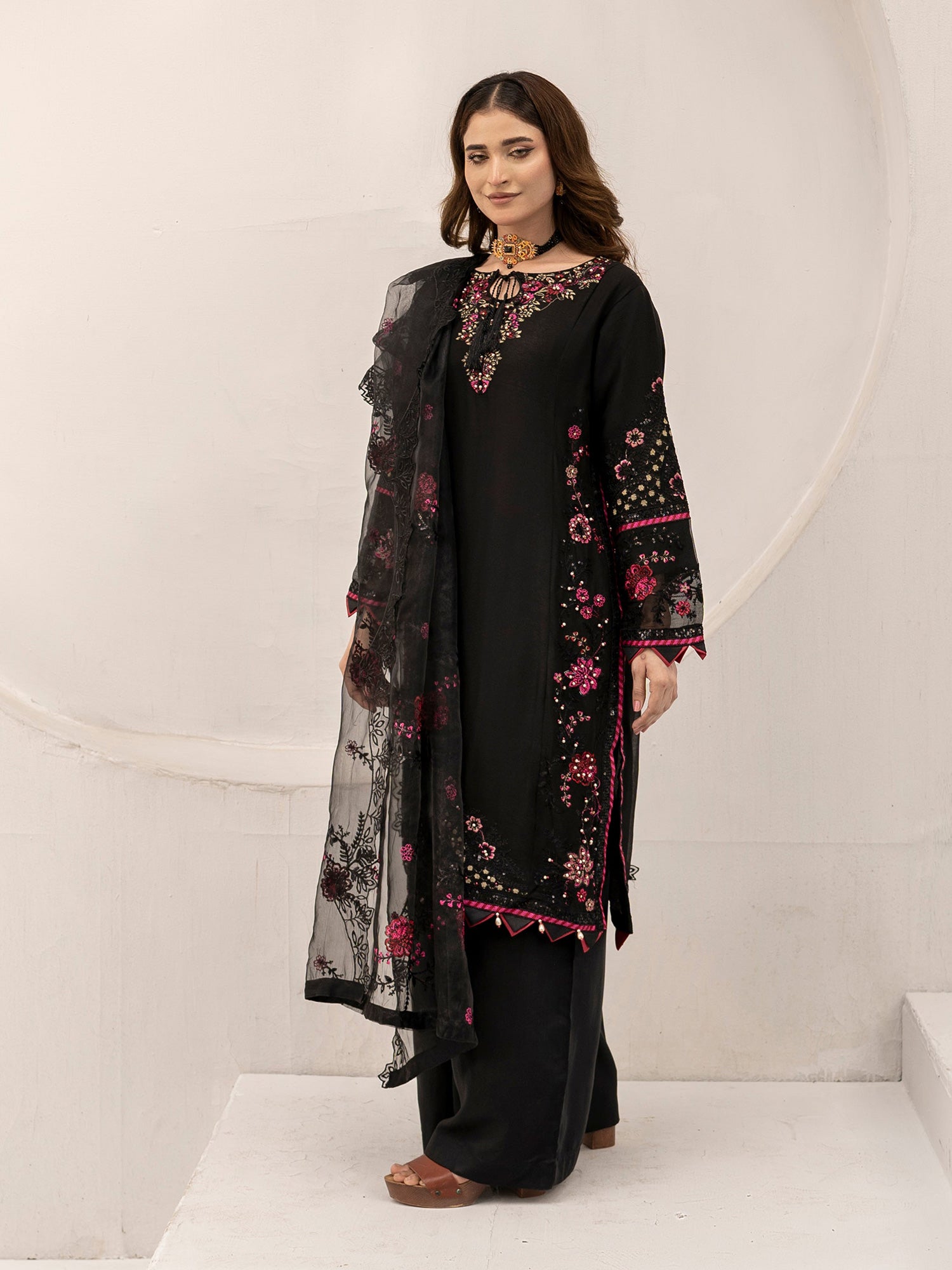 Black Embroidered Chiffon 3-Piece Suit