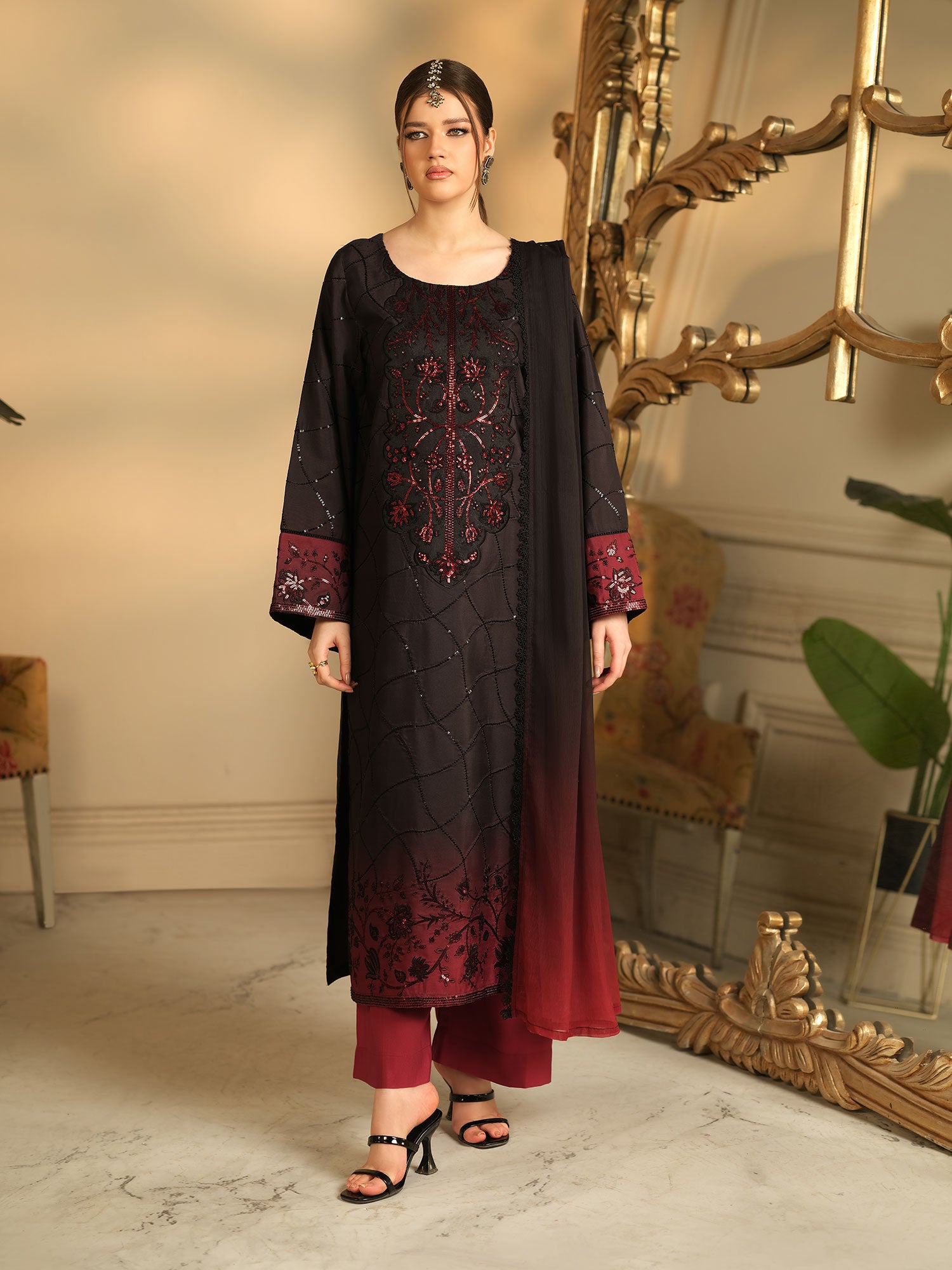 Heera's Embroidered Cambric Cotton 3-Piece Suit - Noire Majesté