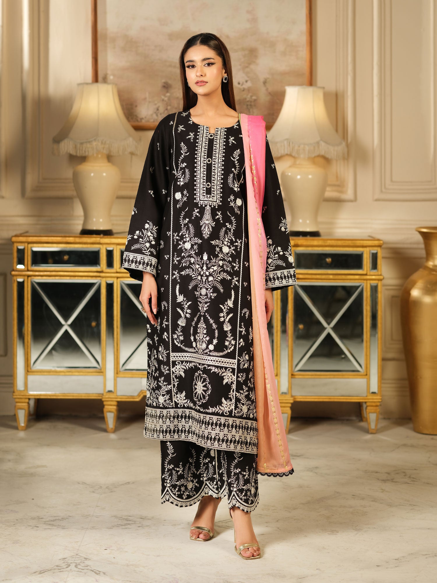 Heera's Embroidered Cambric Cotton 3-Piece Suit - Monarchia Noir