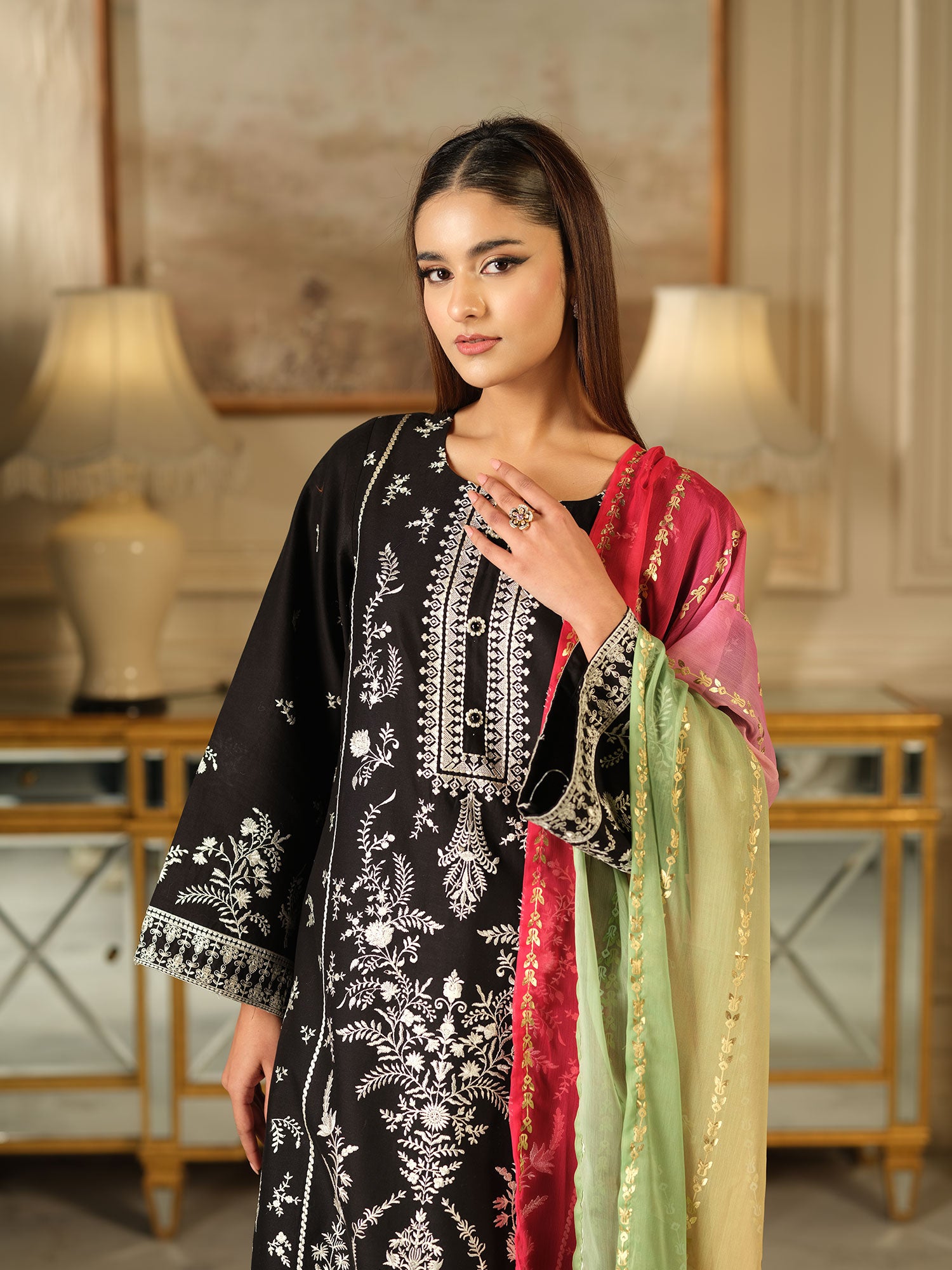 Heera's Embroidered Cambric Cotton 3-Piece Suit - Monarchia Noir