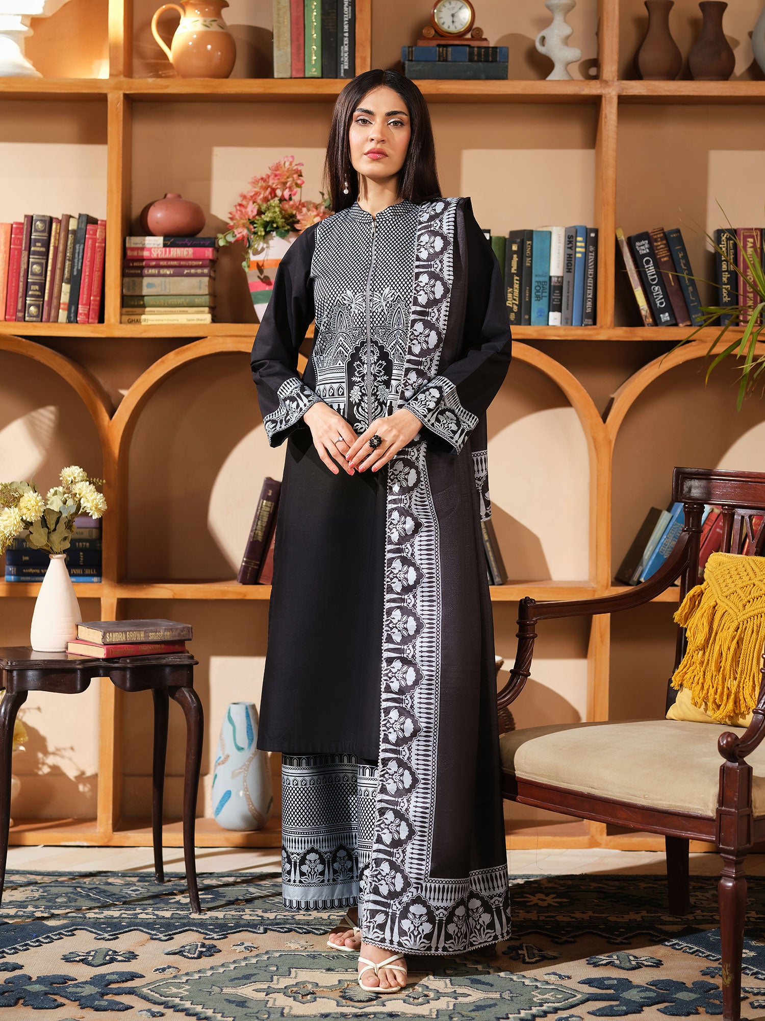 Heera's Embroidered Cambric Cotton 3-Piece Suit - Noir Elitaire