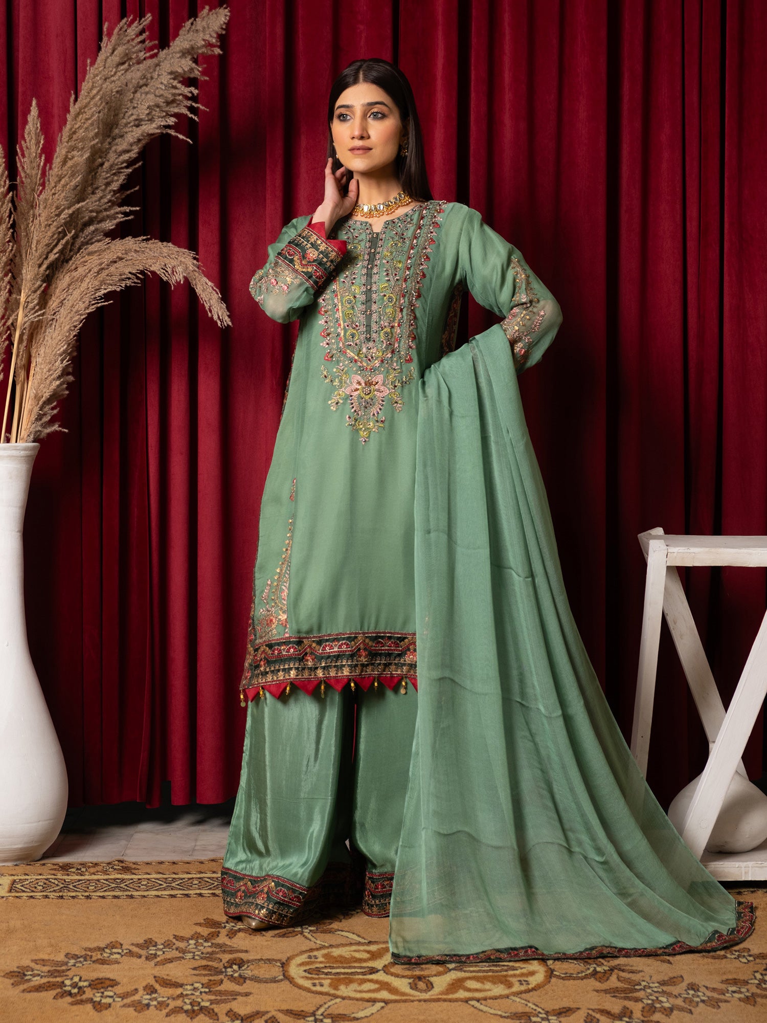 Mint Green Embroidered Chiffon 3-Piece Suit