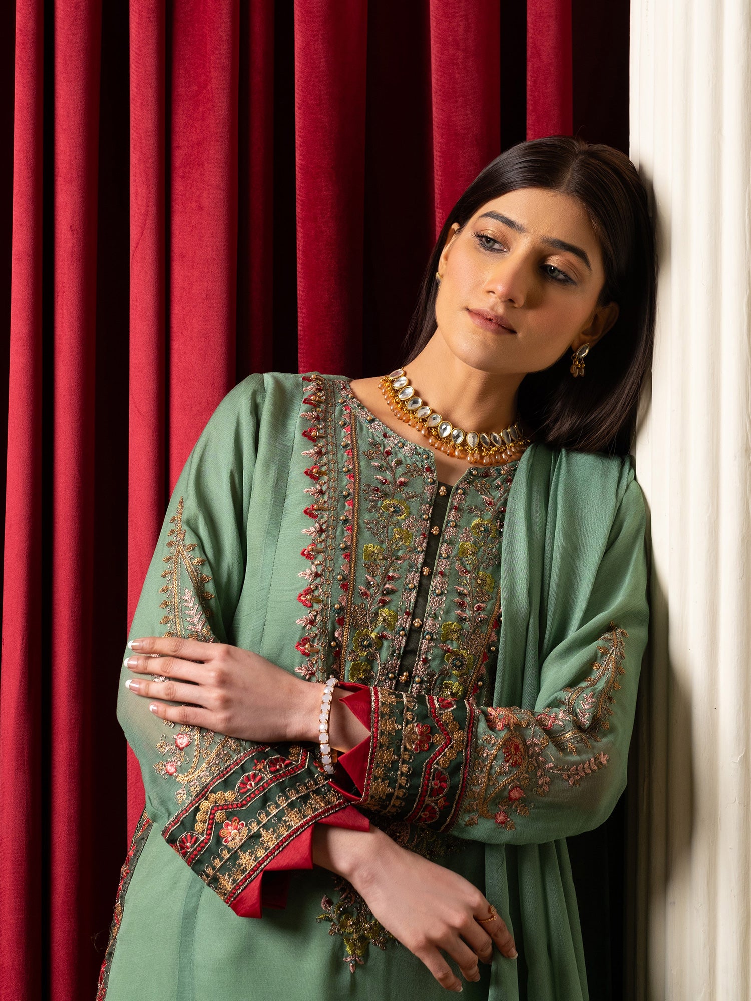 Mint Green Embroidered Chiffon 3-Piece Suit