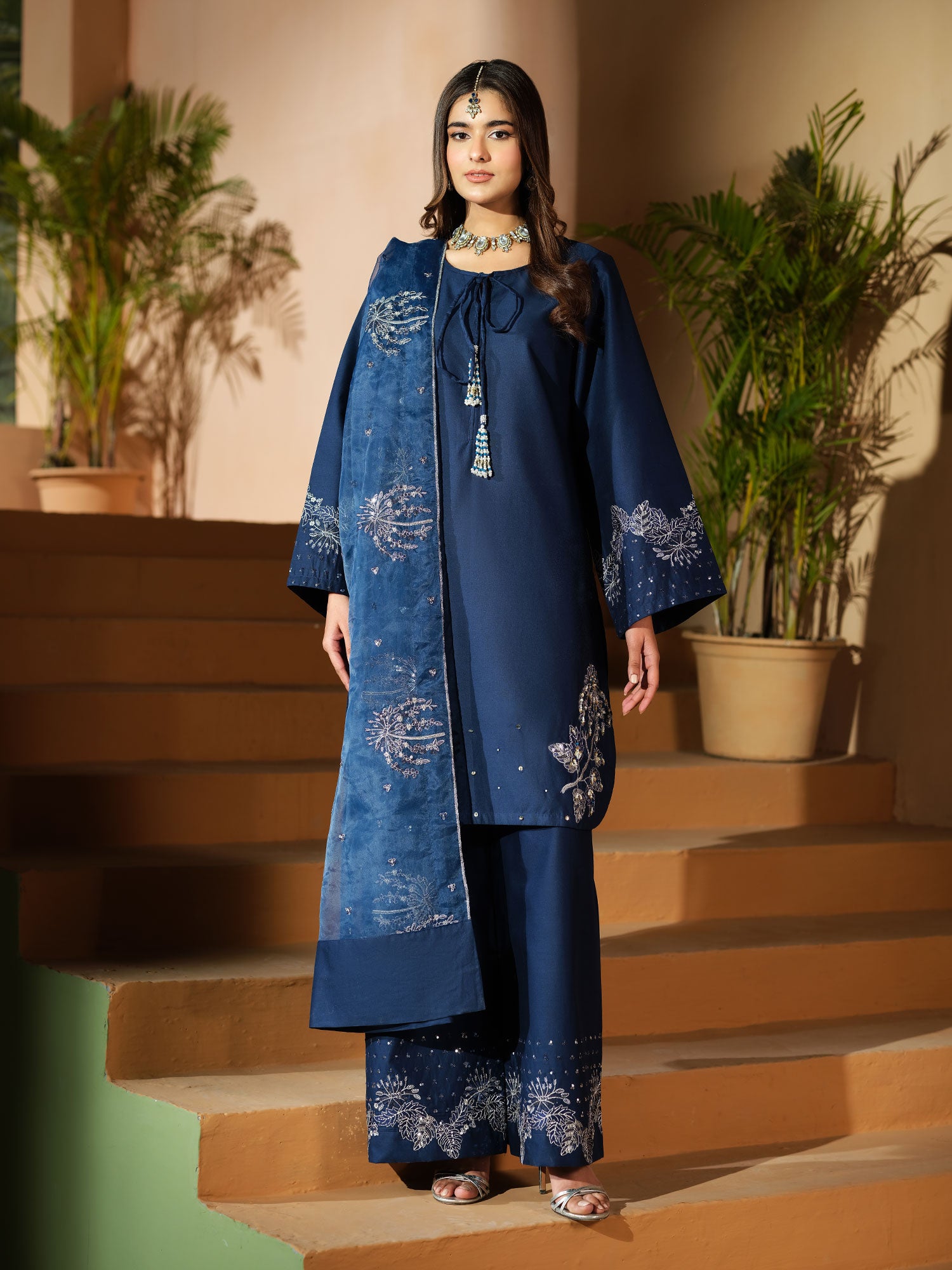 Heera's Embroidered Cambric Cotton 3-Piece Suit - Cerulean Divine