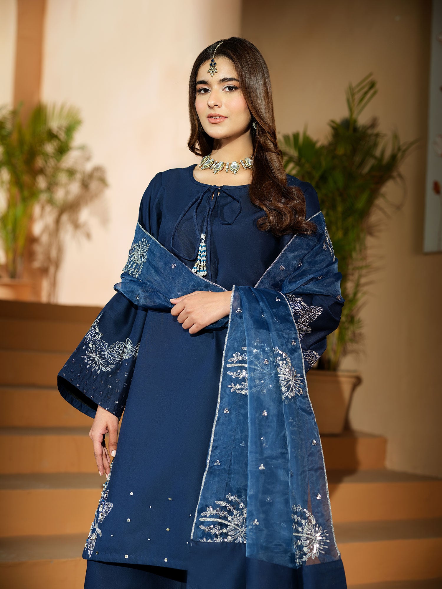 Heera's Embroidered Cambric Cotton 3-Piece Suit - Cerulean Divine