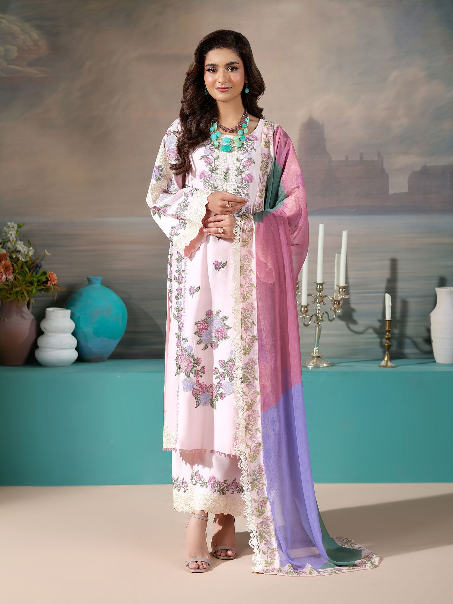 Heera's Embroidered Cambric Cotton 3-Piece Suit - Rosé Serenity