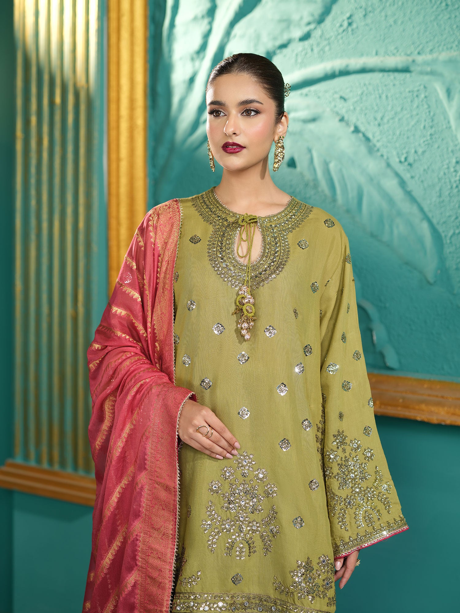 Heera's Embroidered Cambric Cotton 3-Piece Suit - Emerald Prestige