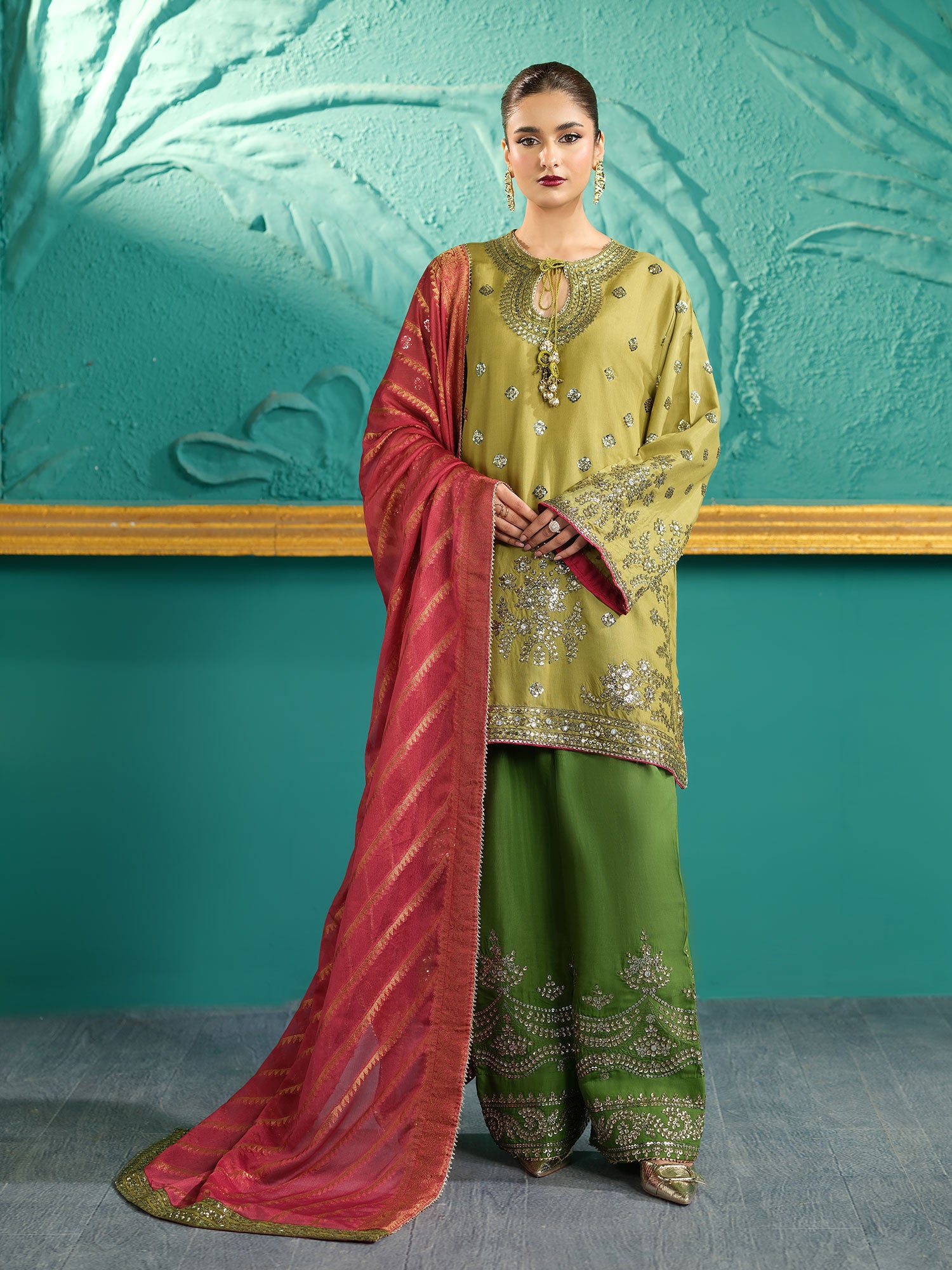Heera's Embroidered Cambric Cotton 3-Piece Suit - Emerald Prestige