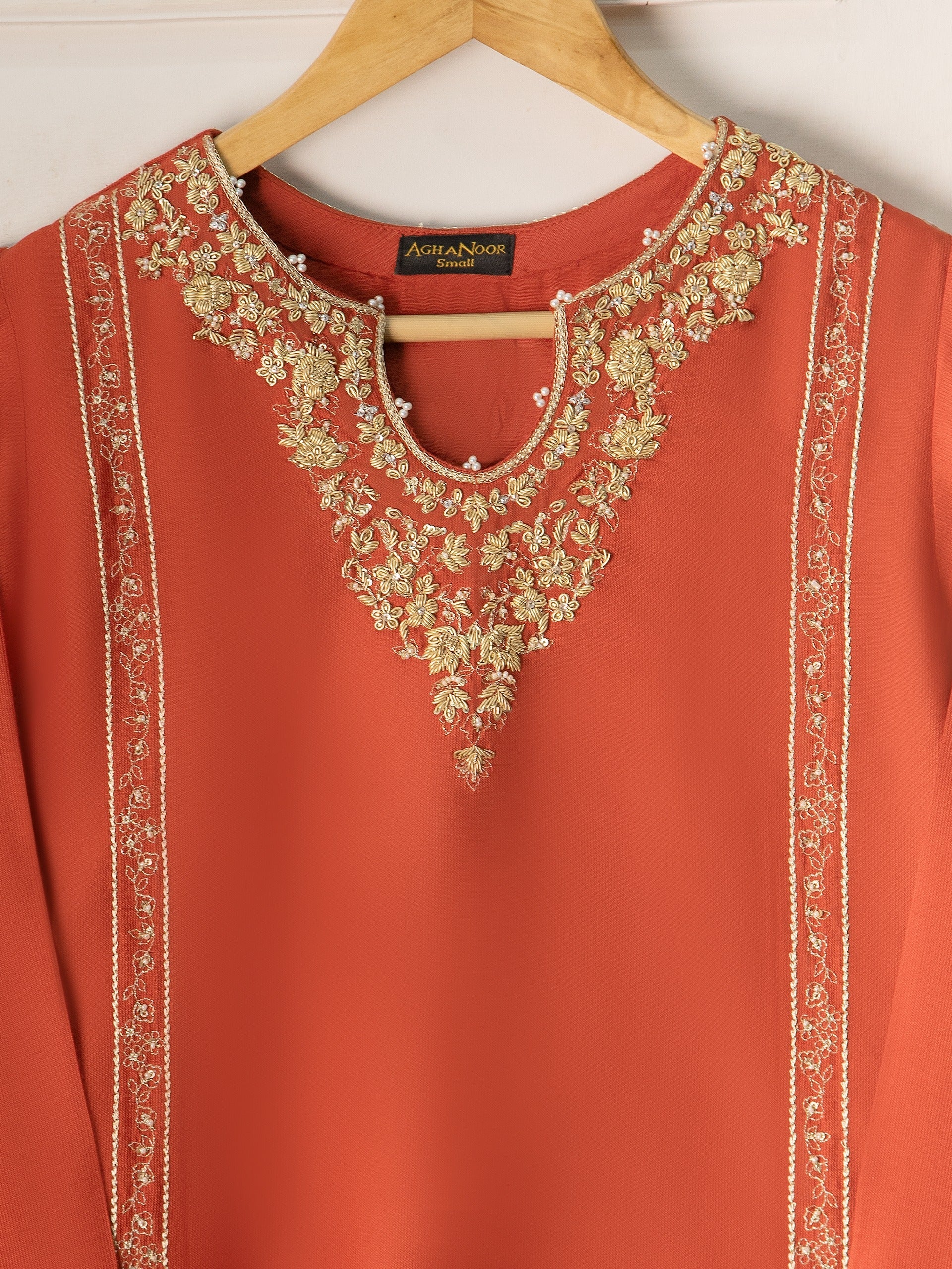 Agha Noor Rust Pure Silk Net Embroidered 2-Piece (Shirt + Trouser)