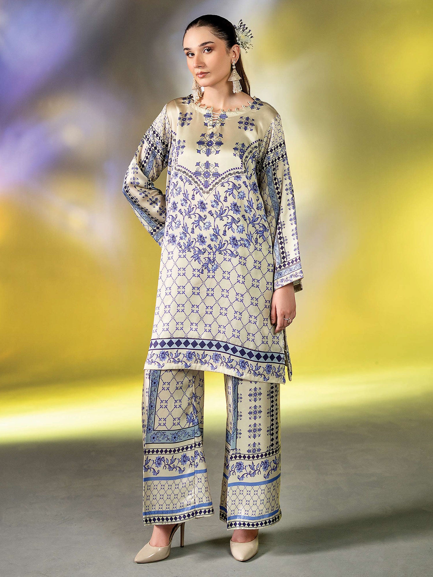 Ally's "Gulzar" Luxury Silk 2-Piece Suit (EA32) - Ice Blue