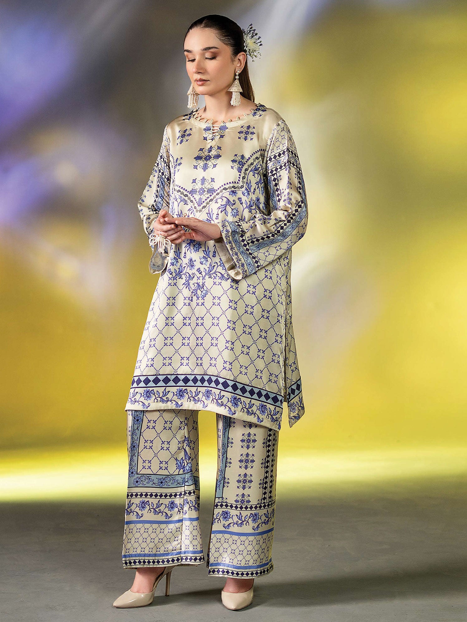 Ally's "Gulzar" Luxury Silk 2-Piece Suit (EA32) - Ice Blue