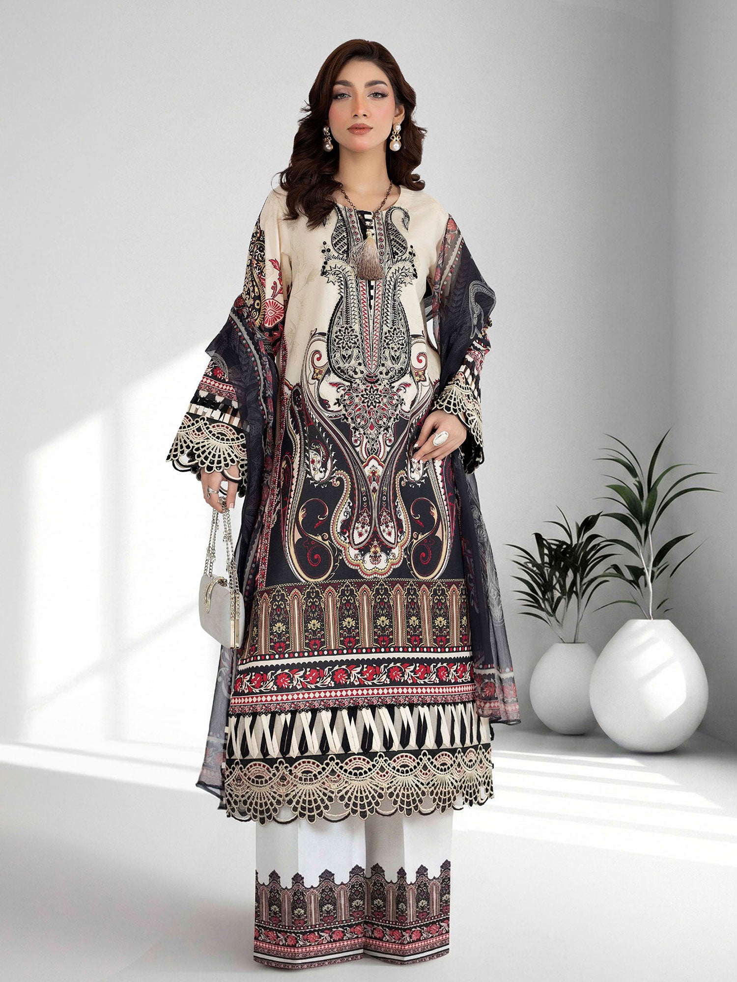 Adan's Libas Embroidered Jacquard Lawn Suit - Black (E1650)
