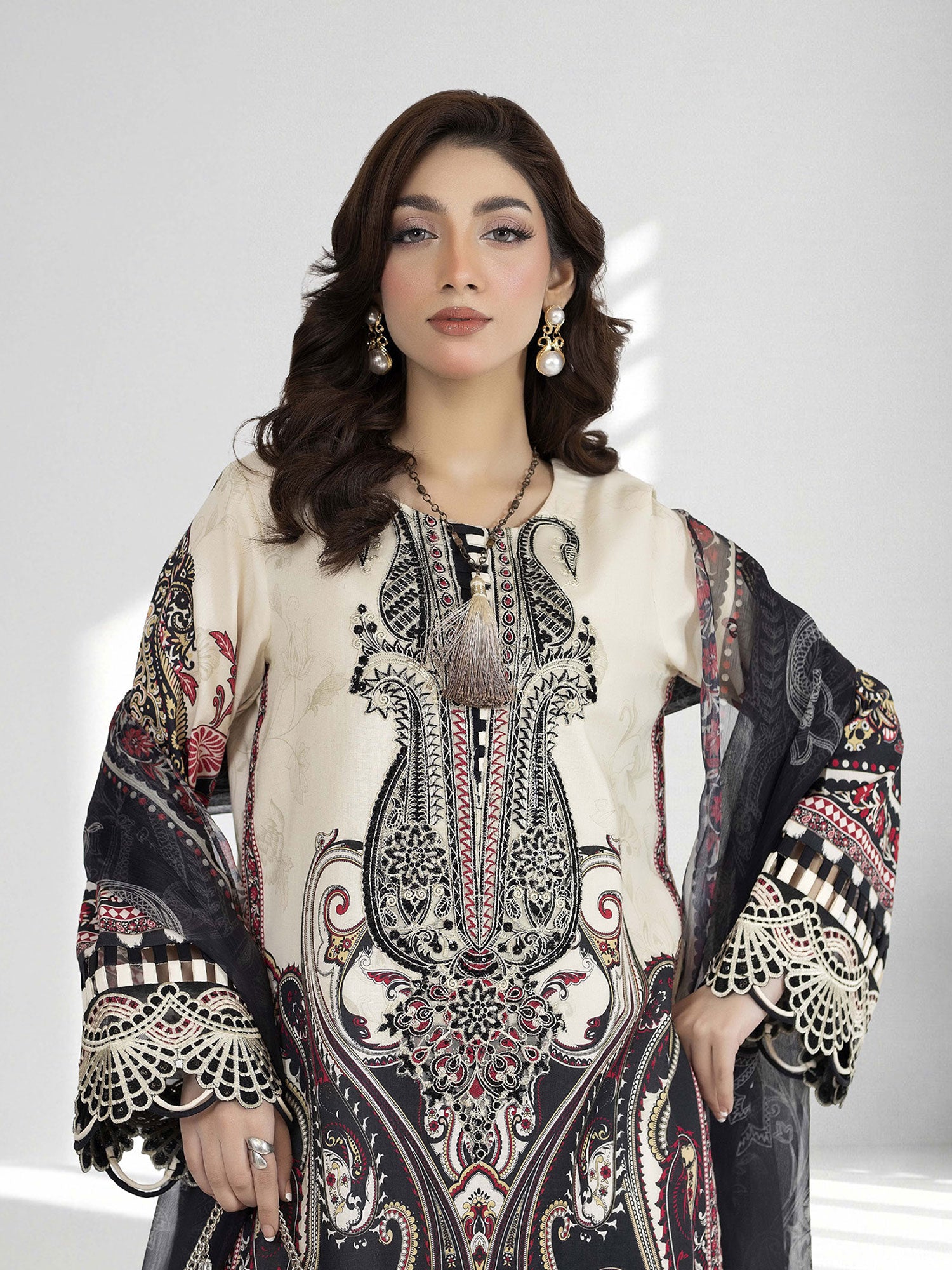 Adan's Libas Embroidered Jacquard Lawn Suit - Black (E1650)