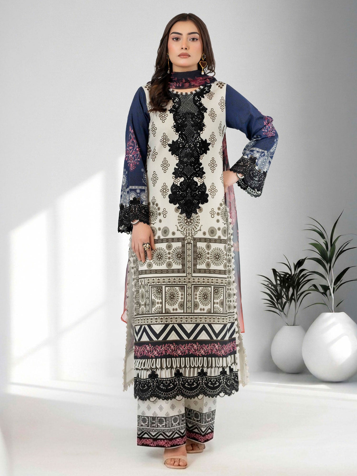 Adan's Libas Embroidered Jacquard Lawn Suit - Navy (E1652)