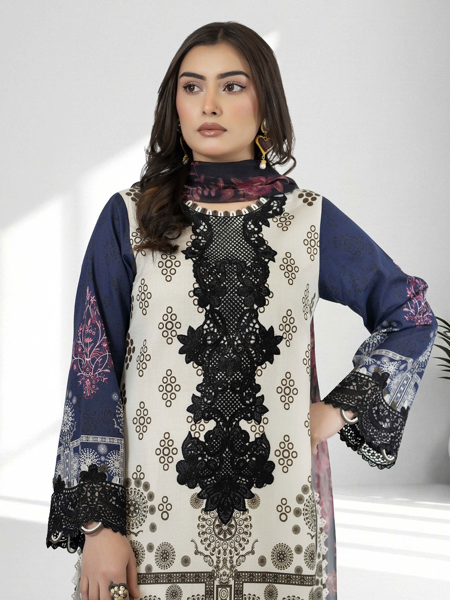 Adan's Libas Embroidered Jacquard Lawn Suit - Navy (E1652)