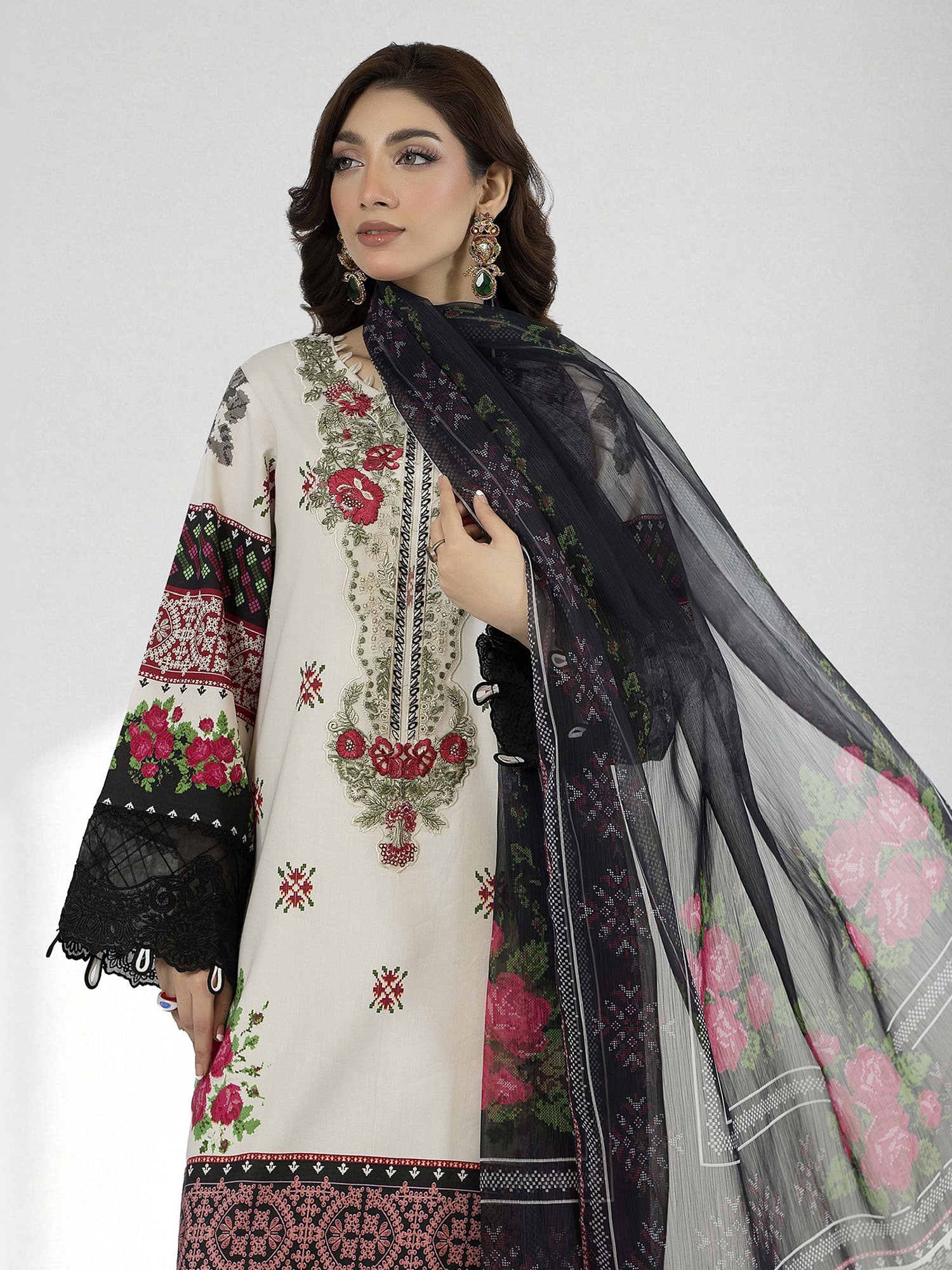 Adan's Libas Embroidered Jacquard Lawn Suit - Floral Black (E1653)