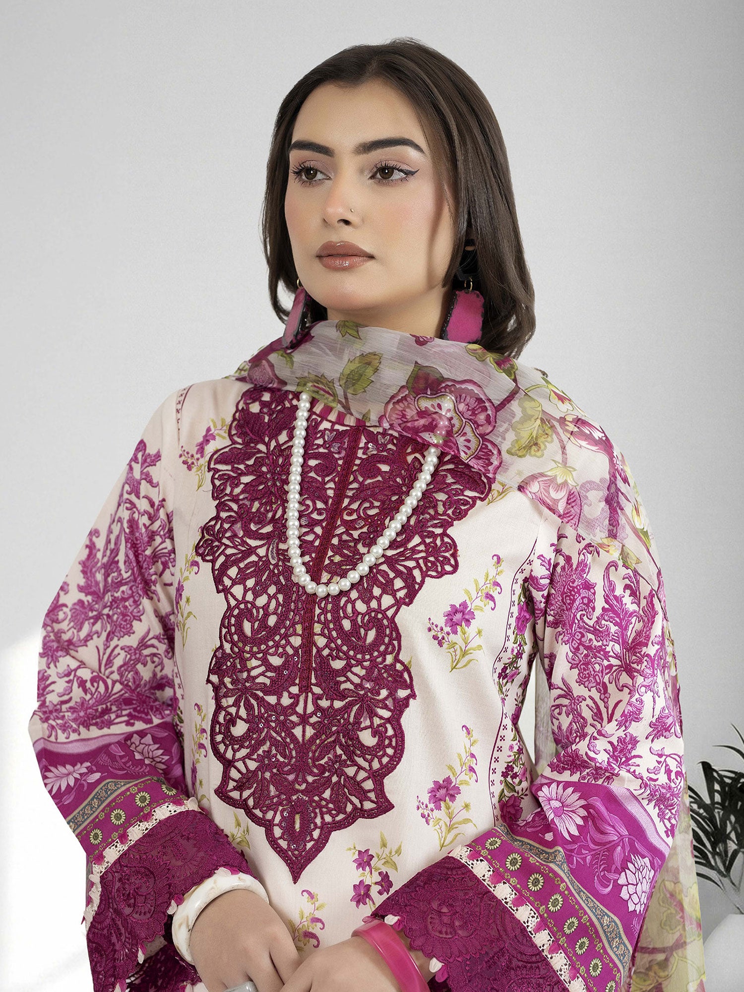 Adan's Libas Embroidered Jacquard Lawn Suit - Fuchsia Pink (E1654)
