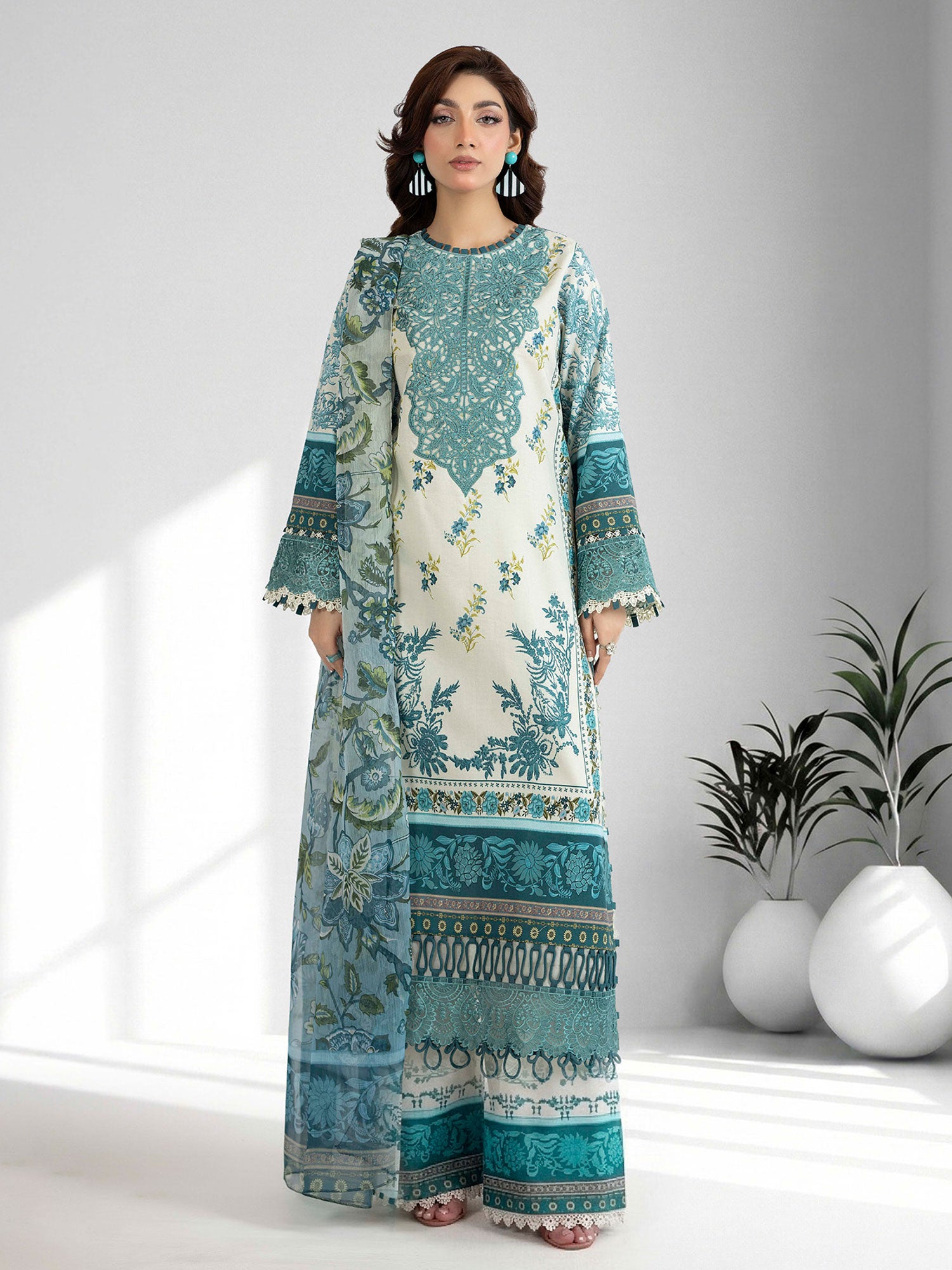 Adan's Libas Embroidered Jacquard Lawn Suit - Aqua (E1655)