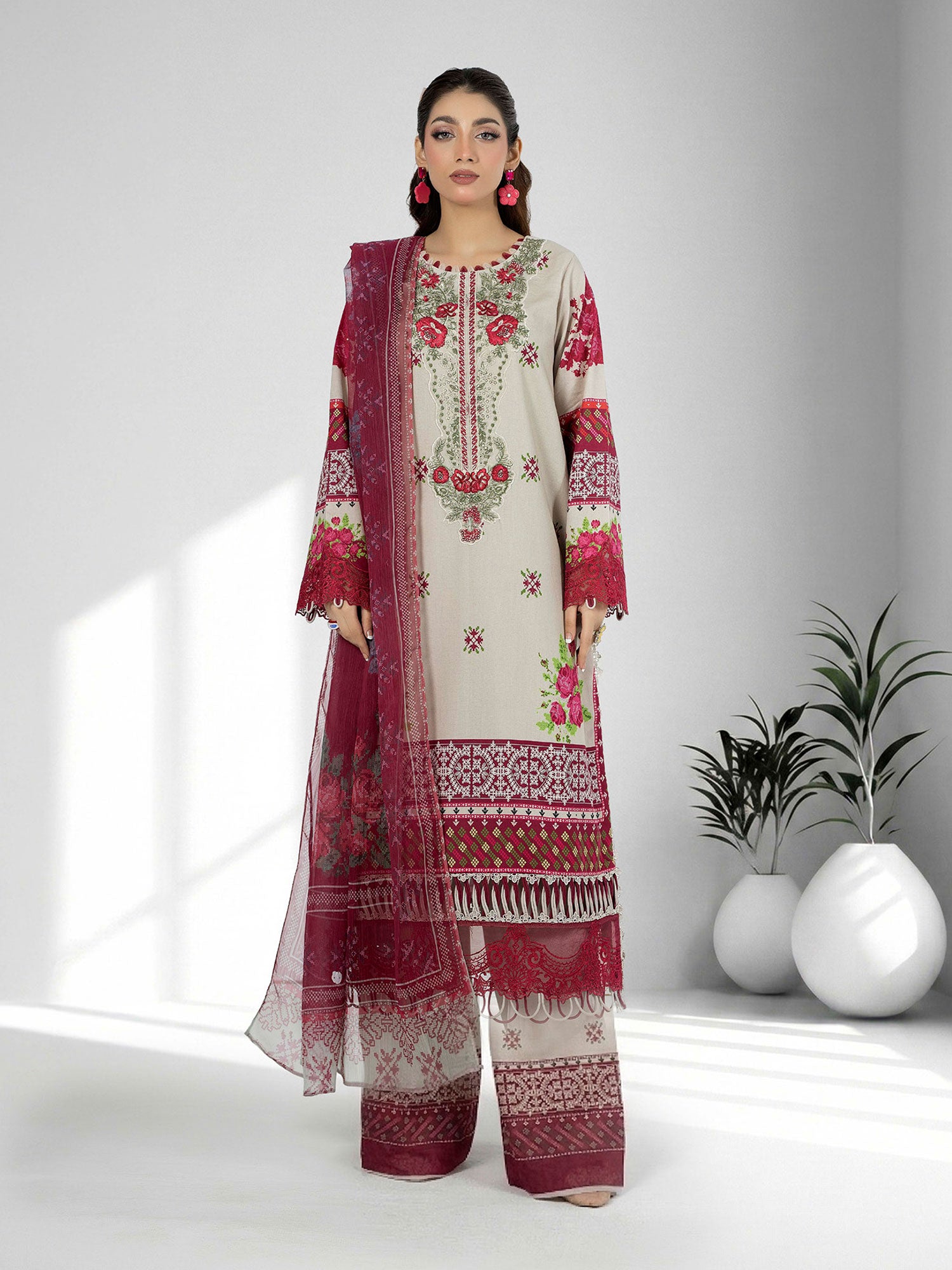 Adan's Libas Embroidered Jacquard Lawn Suit - Floral Pink (E1657)