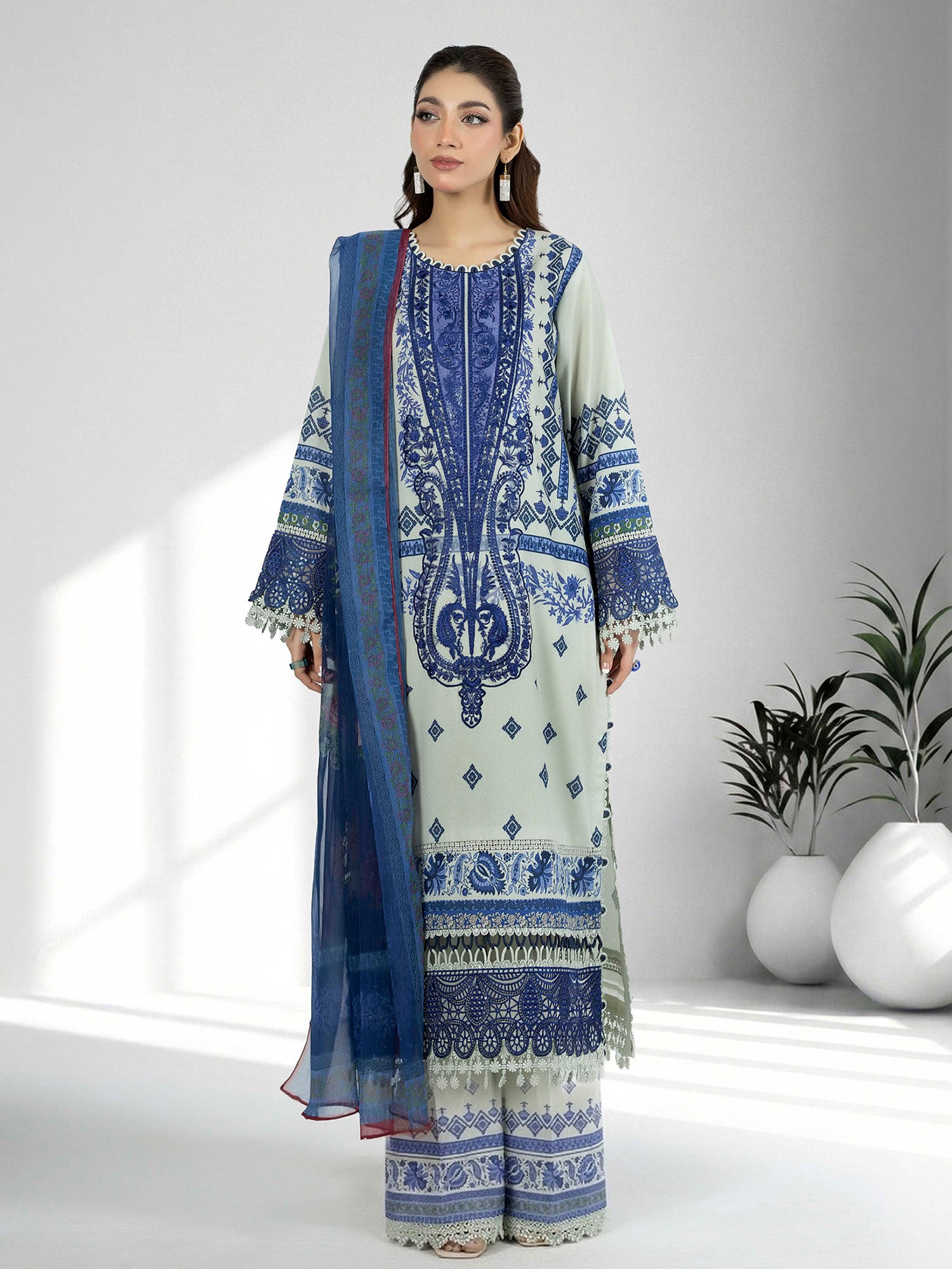Adan's Libas Embroidered Jacquard Lawn Suit - Royal Blue (E1660)