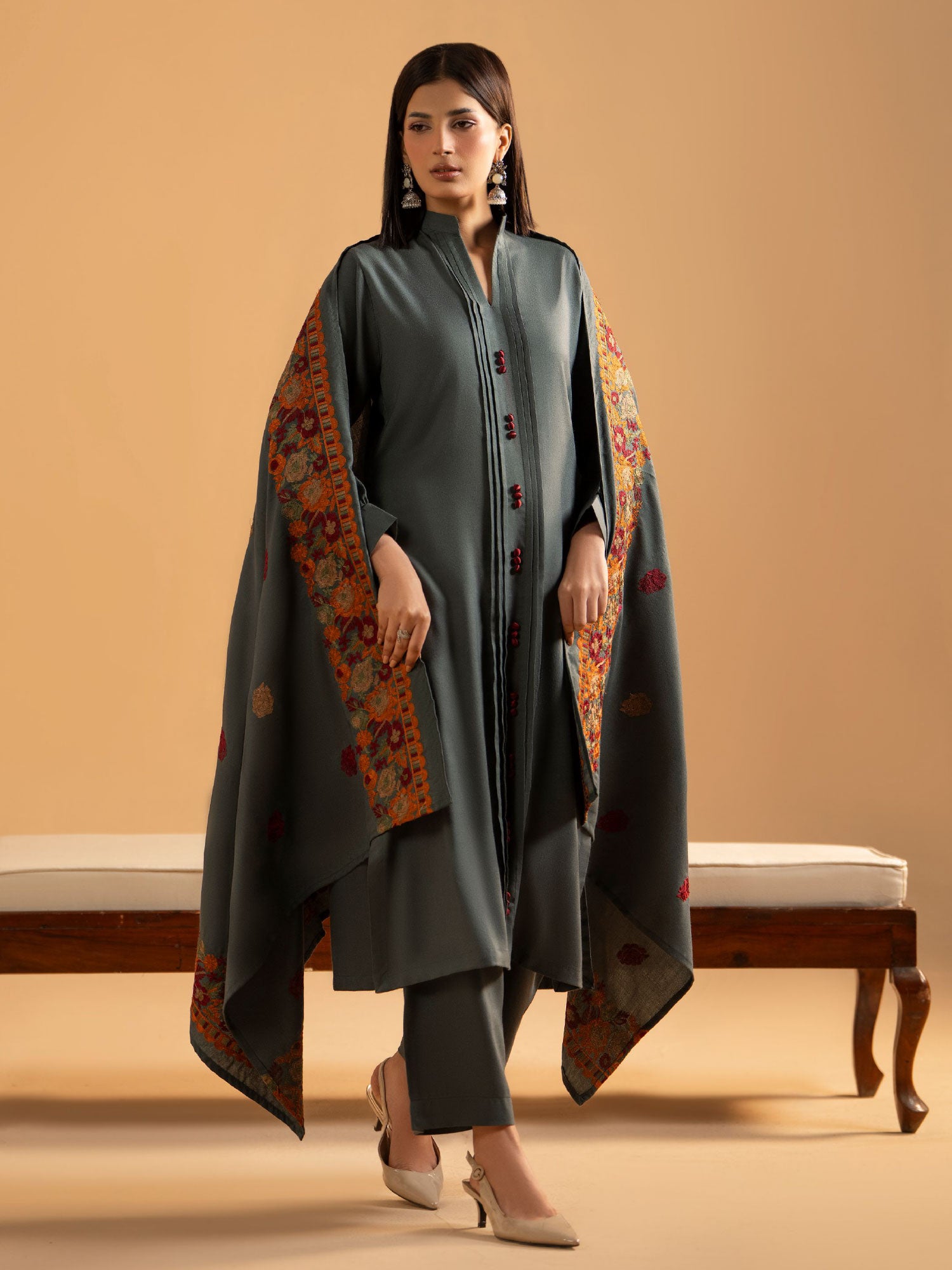 Raniya.H "Noor Bano Vol.7" Winter Dhanak Suit with Shawl - Emerald Grey