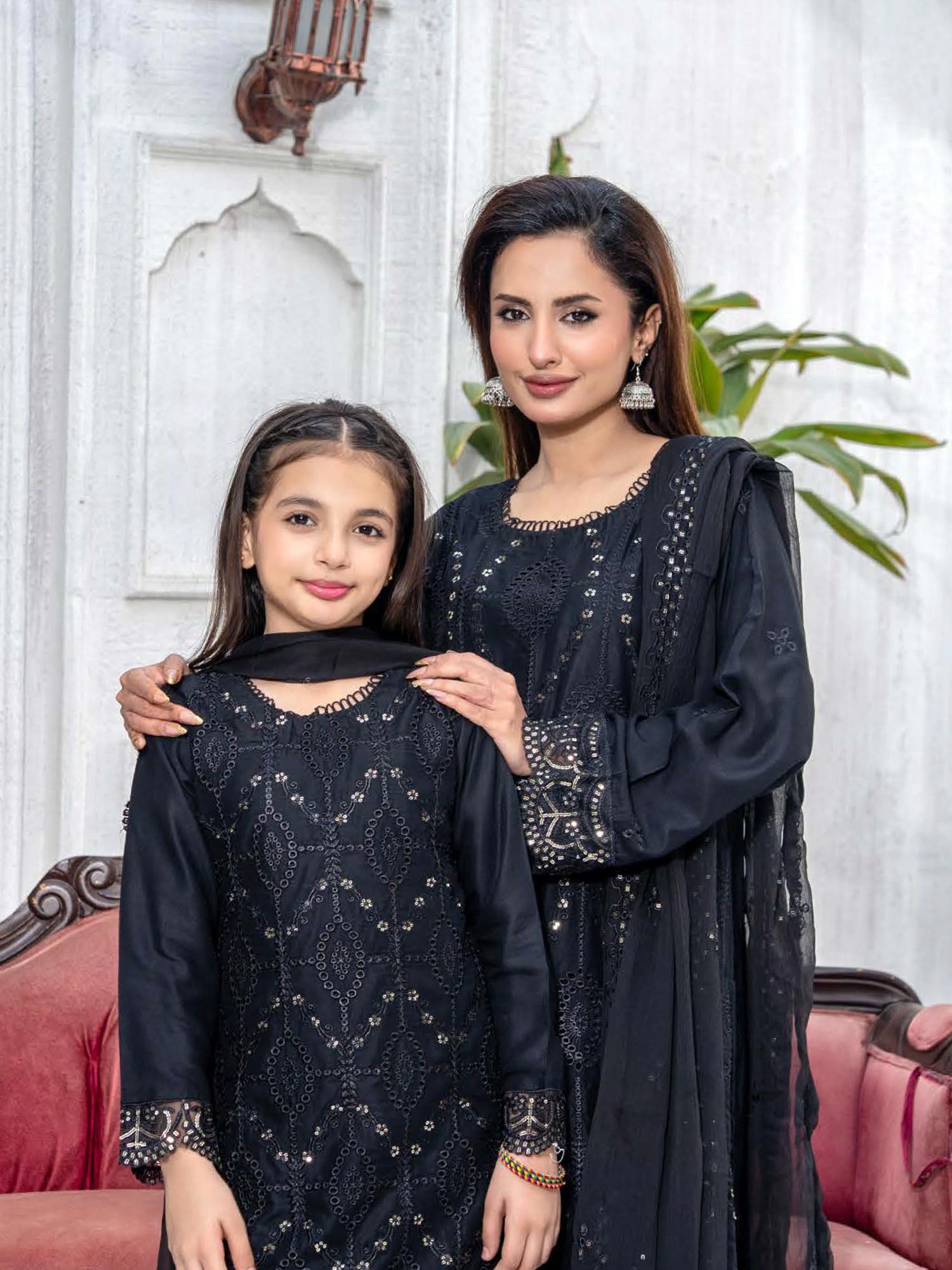 Rangz Mother-Daughter Linen Embroidered Chikankari Suit - Black