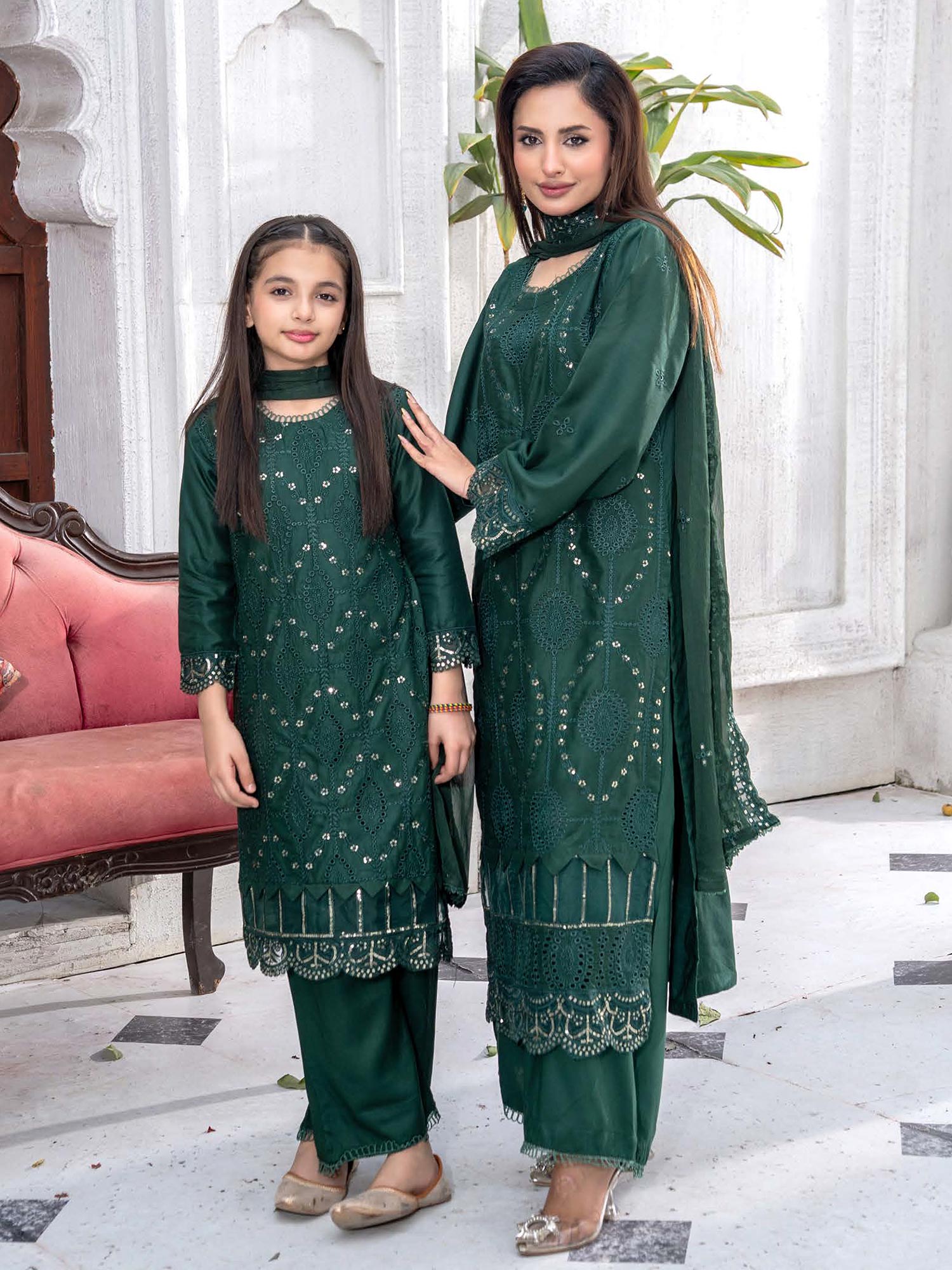 Rangz Mother-Daughter Linen Embroidered Chikankari Suit - Green